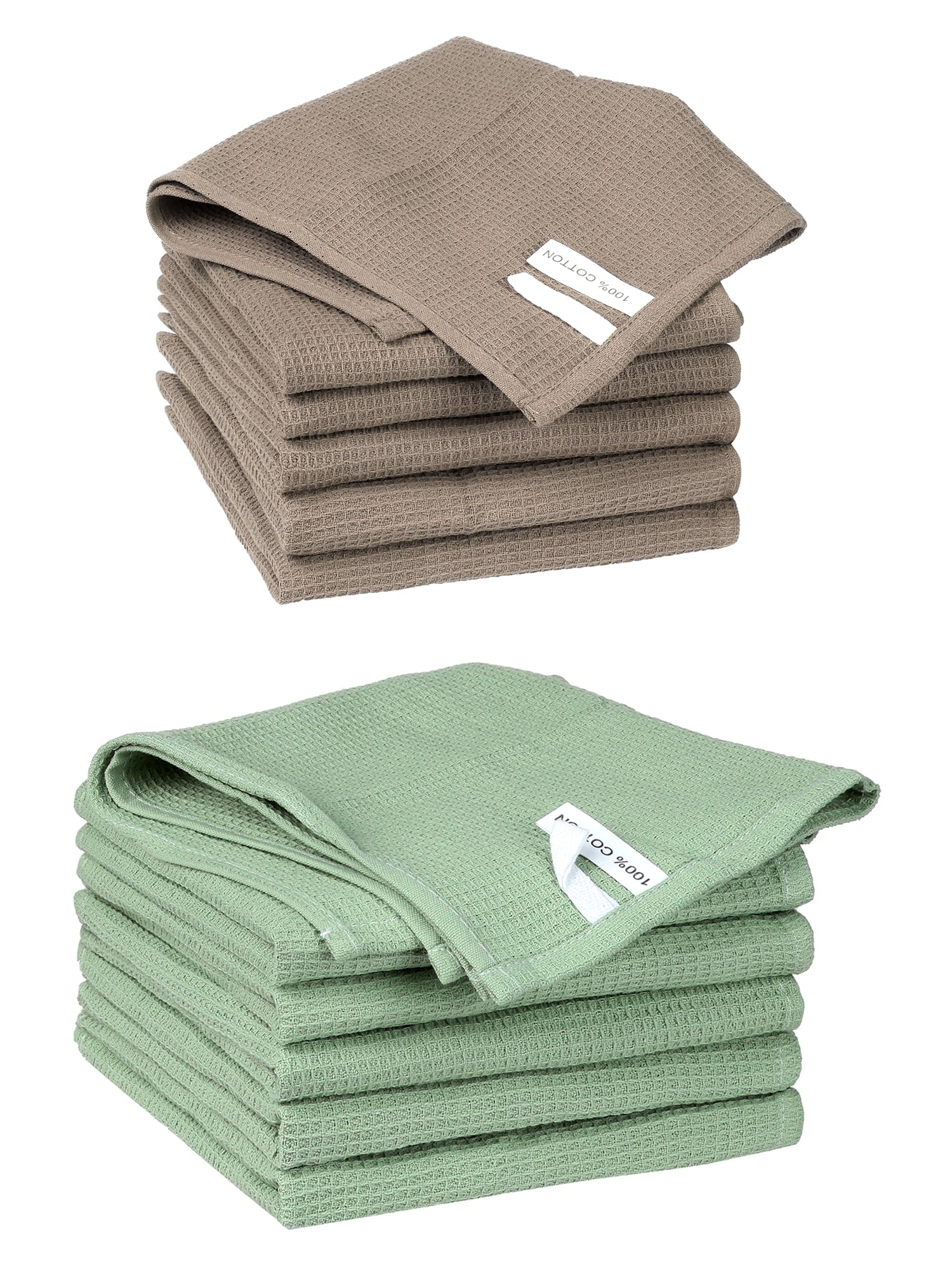 Unique Bargains 12 Pack Cotton Waffle Weave Cleaning Clothes Reusable Kitchen Towels Brown/Light Green 14" x 14"