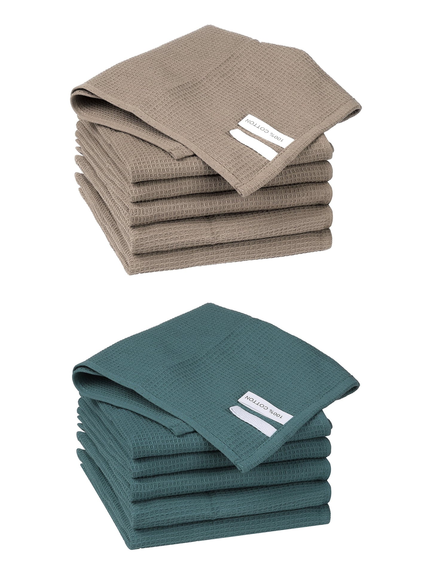 Unique Bargains 12 Pack Cotton Waffle Weave Cleaning Clothes Reusable Kitchen Towels Dark Green/Brown 14" x 14"