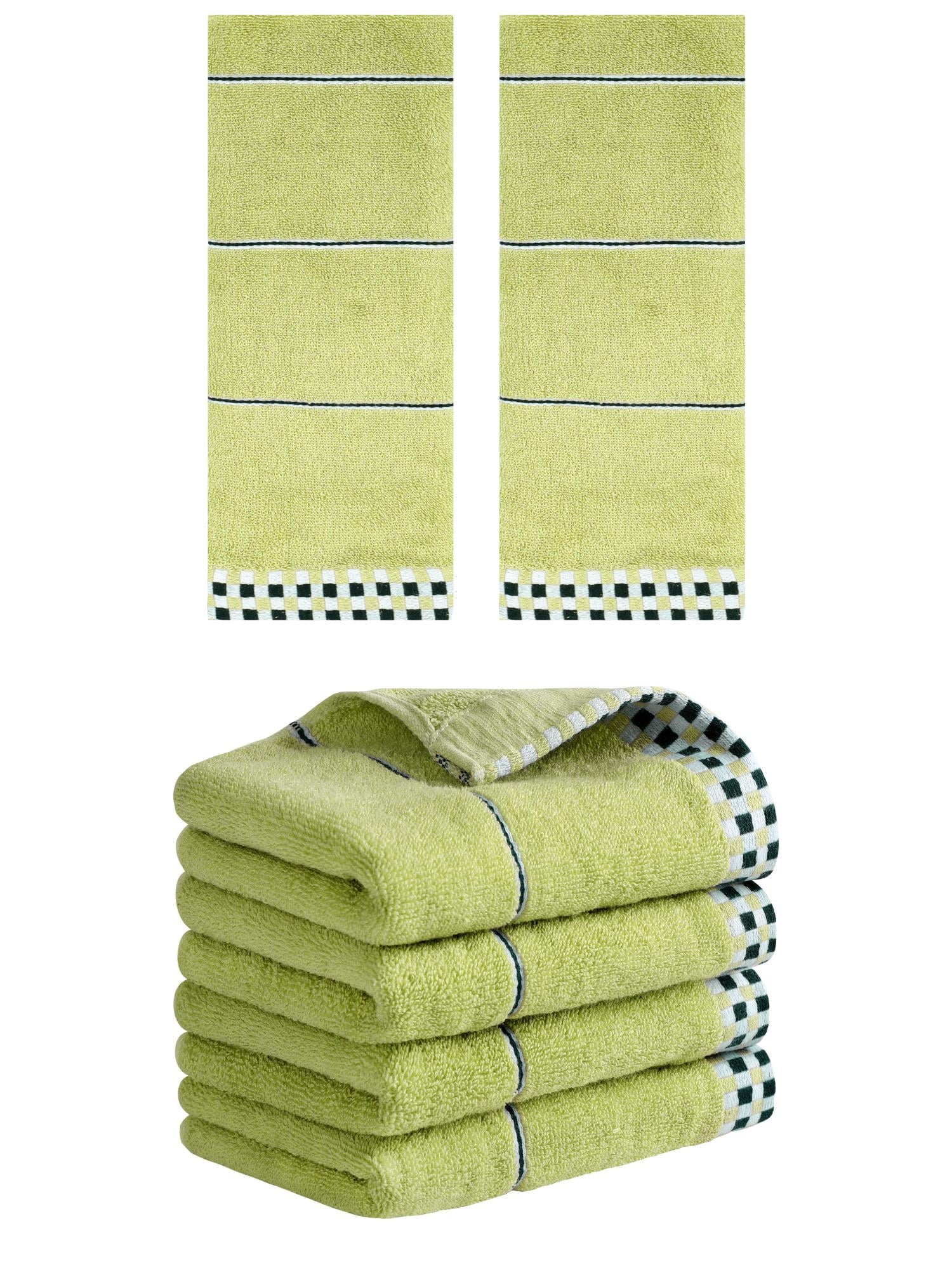 Unique Bargains 14" x 30" Striped Checked Hand Towels Green 6
