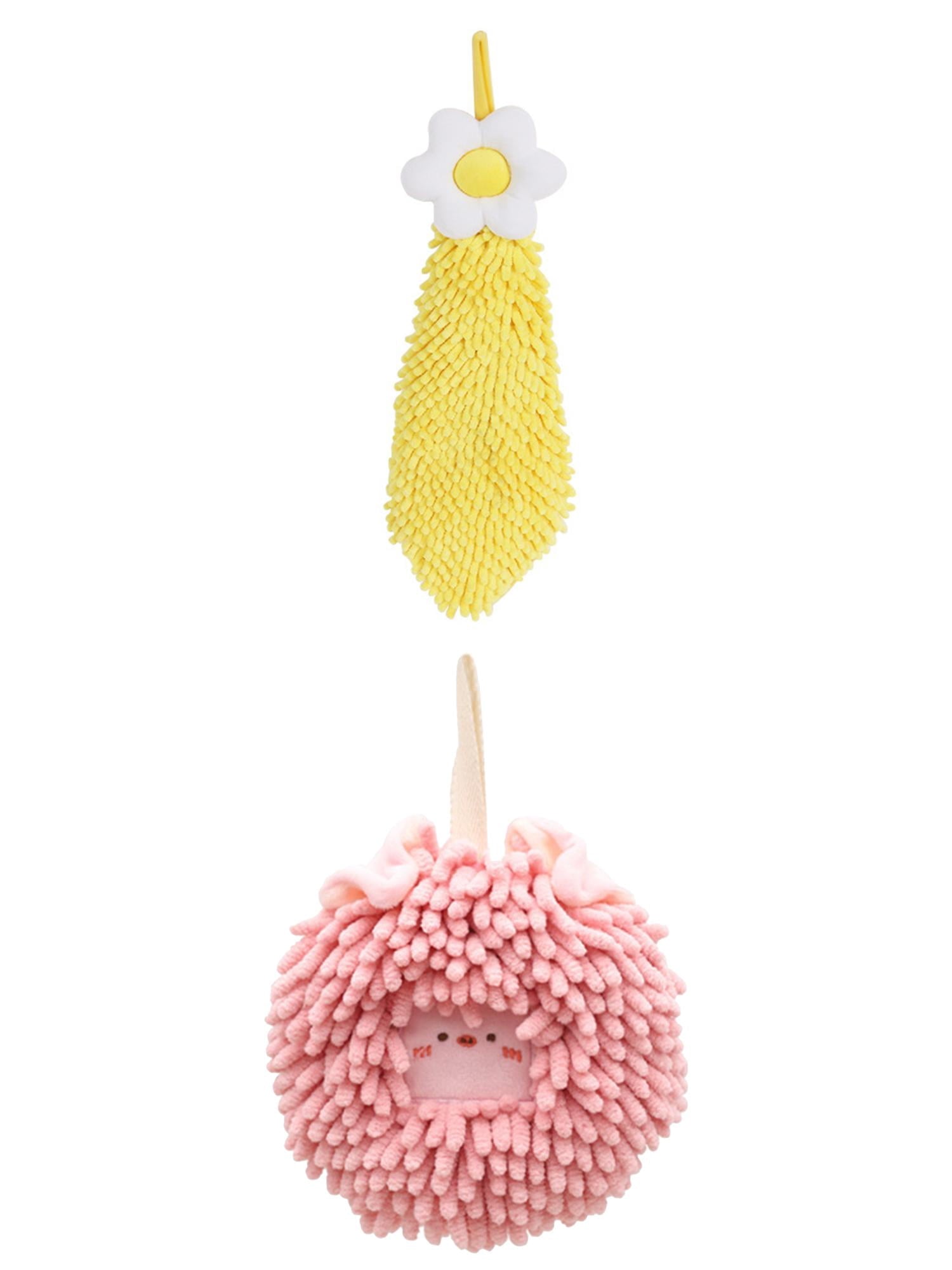 Unique Bargains 2 Pack Chenille Hand Towels 6" x 15"/7" x 7" Yellow/Pink