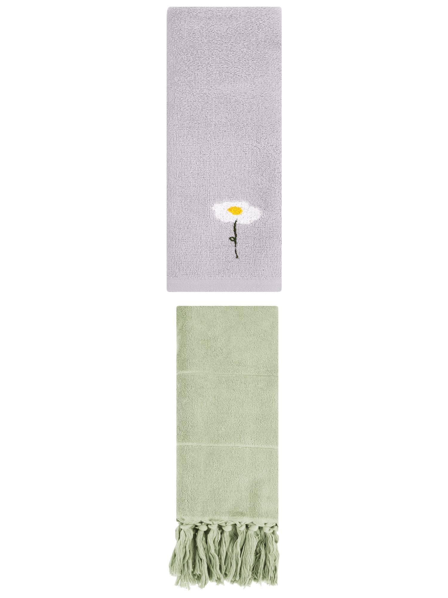 Unique Bargains 2 Pack Cotton Floral Hand Towel Green/Grey 14"x30"/13"x30"