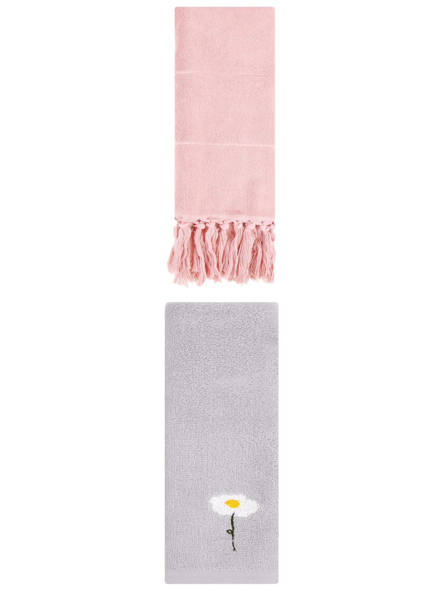 Unique Bargains 2 Pack Cotton Floral Hand Towel Pink/Grey 14"x30"/13"x30"