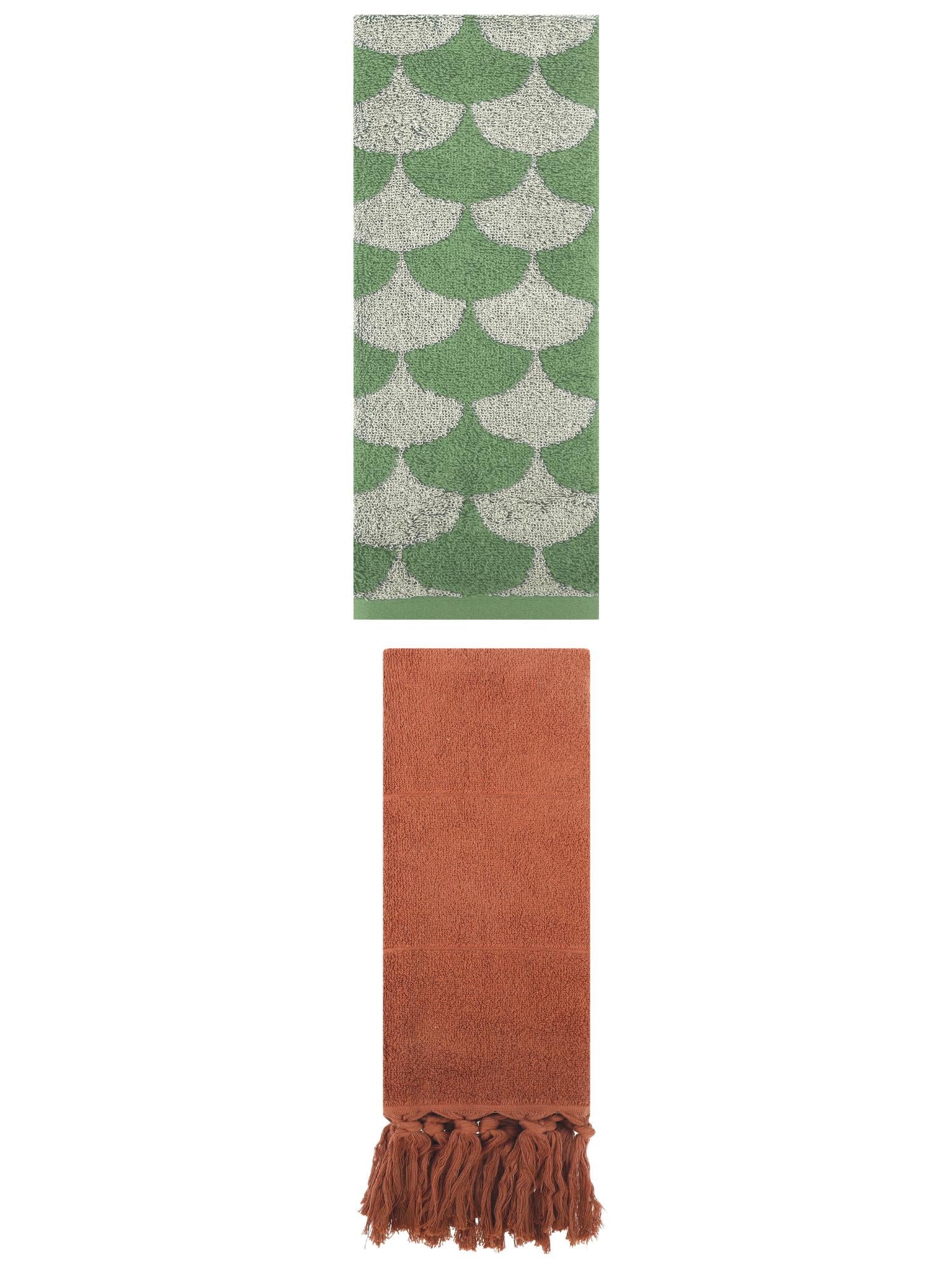 Unique Bargains 2 Pack Cotton Geometric Hand Towels Brown/Green 14"x30"/13"x29"