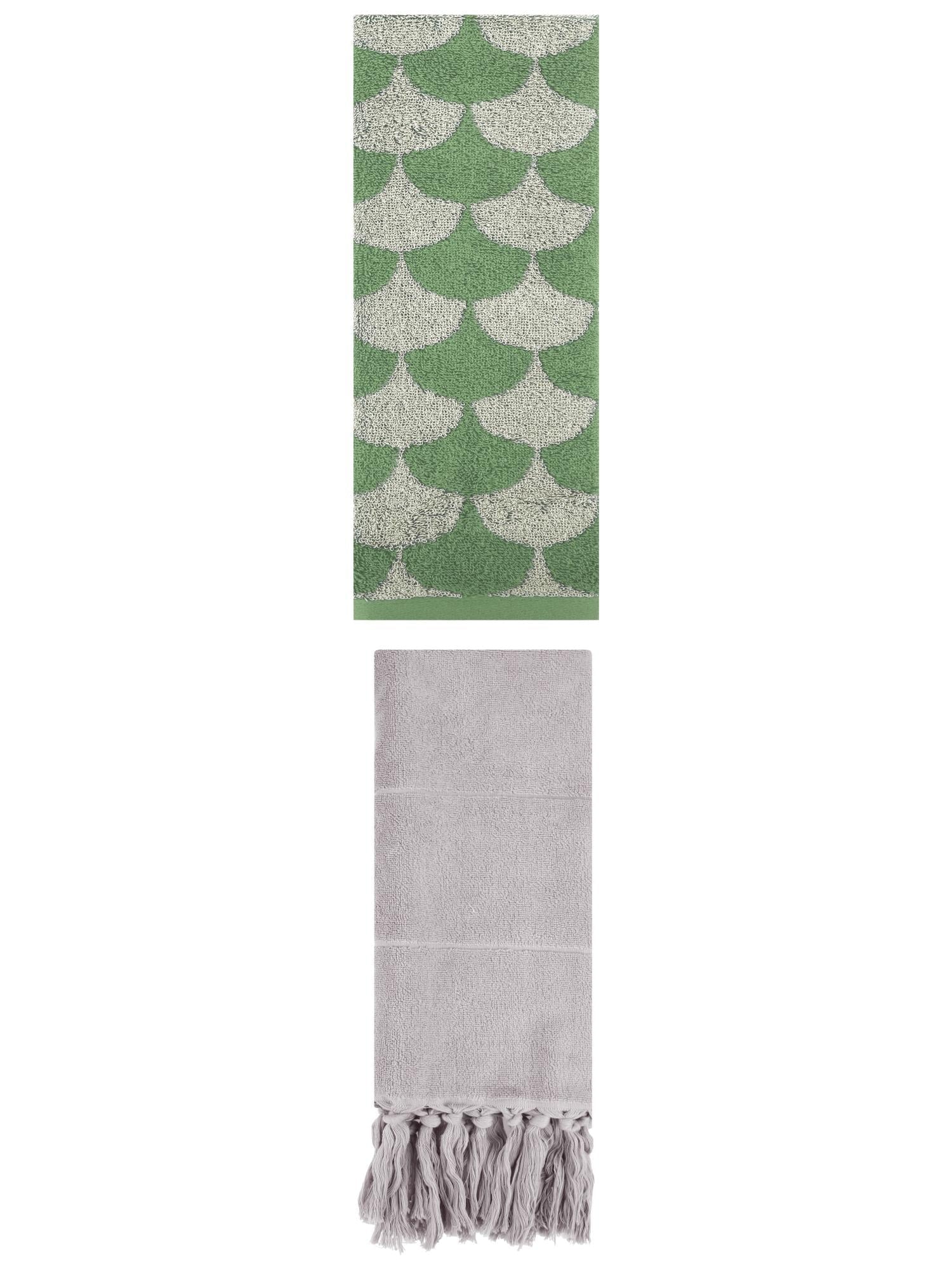 Unique Bargains 2 Pack Cotton Geometric Hand Towels Grey/Green 14"x30"/13"x29"