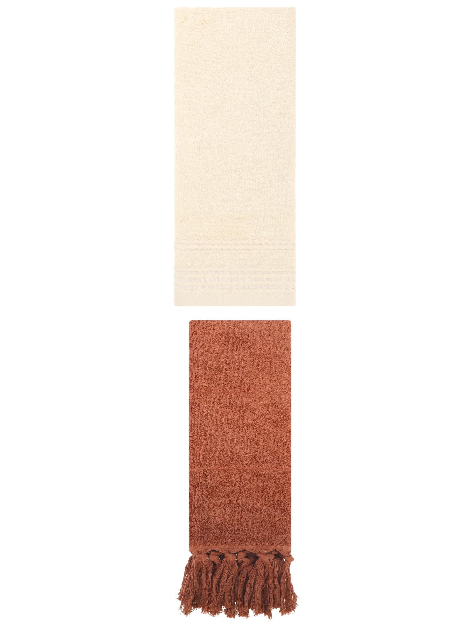 Unique Bargains 2 Pack Striped Tassels Hand Towels for Bathroom 14" x 30" Brown/Beige
