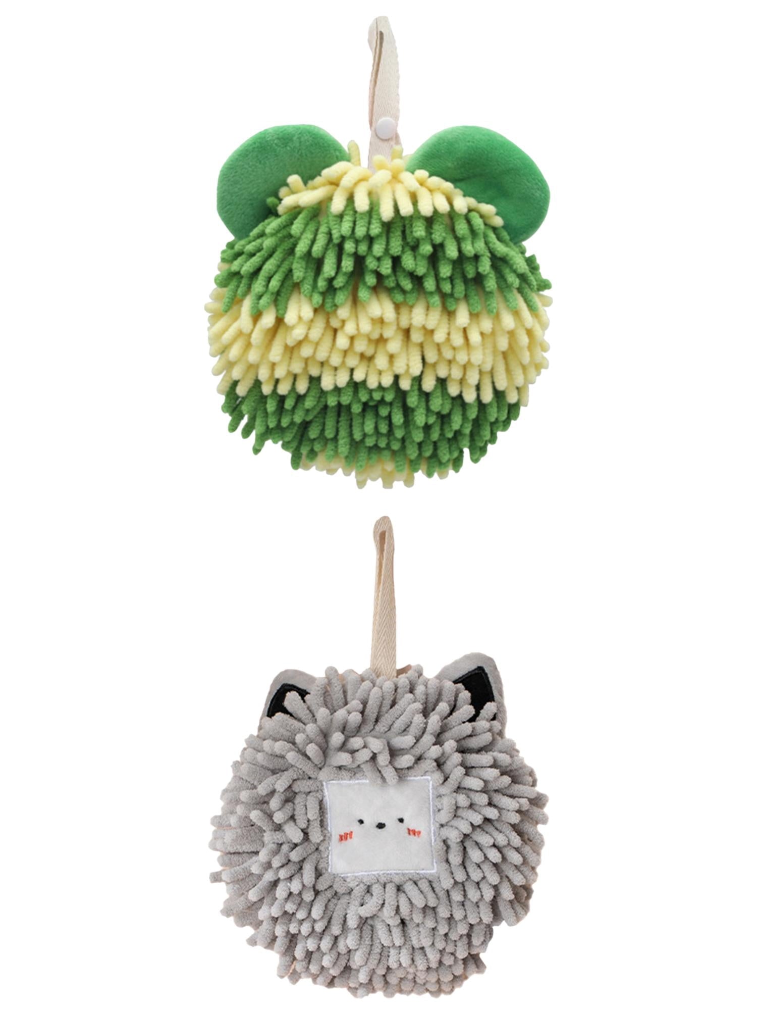 Unique Bargains 2 Packs Chenille Cute Fuzzy Hand Towels 7" x 7" Light Grey/Green