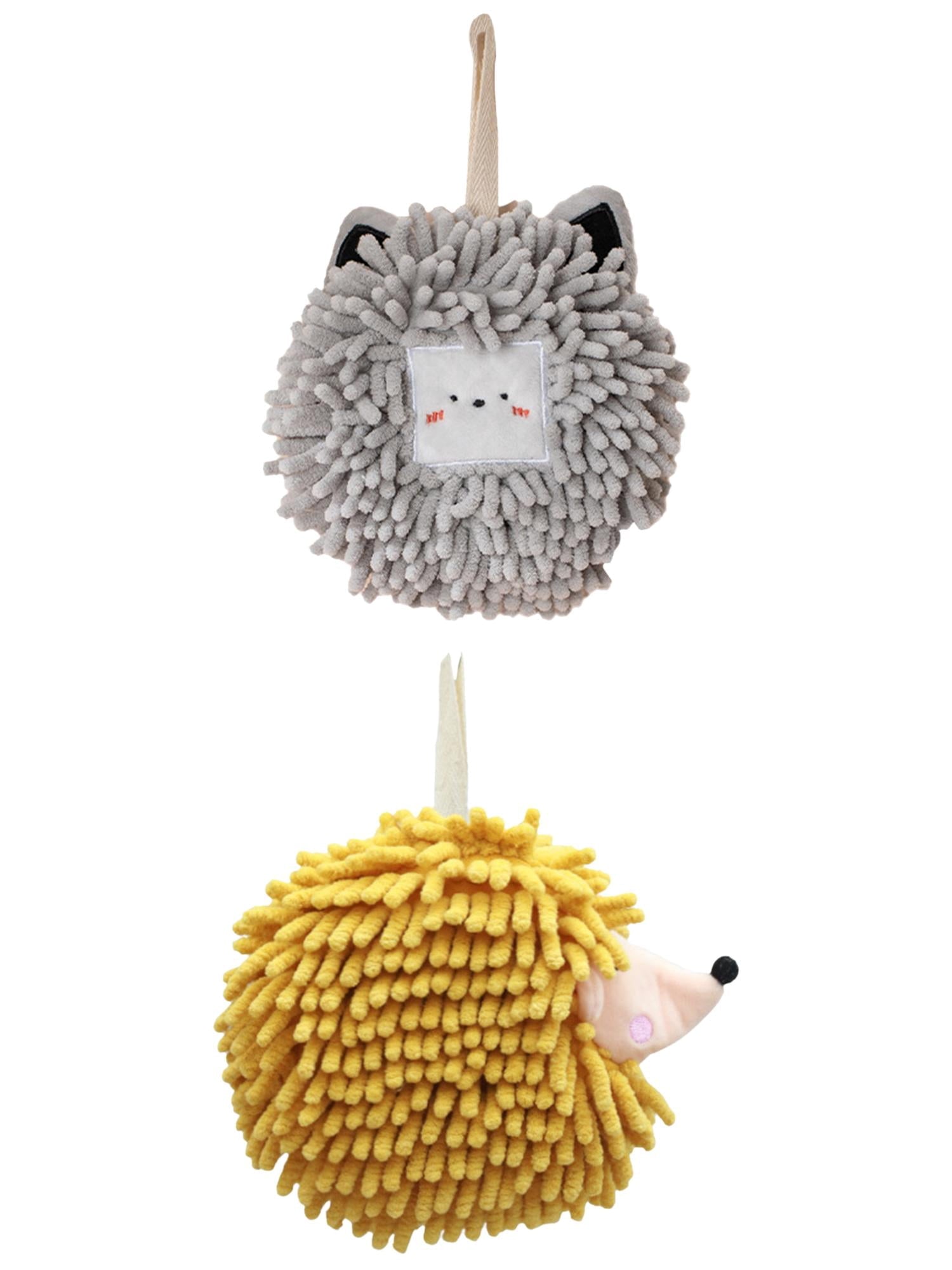 Unique Bargains 2 Packs Chenille Fuzzy Ball Hand Towels Set of 1 Light Grey/Yellow