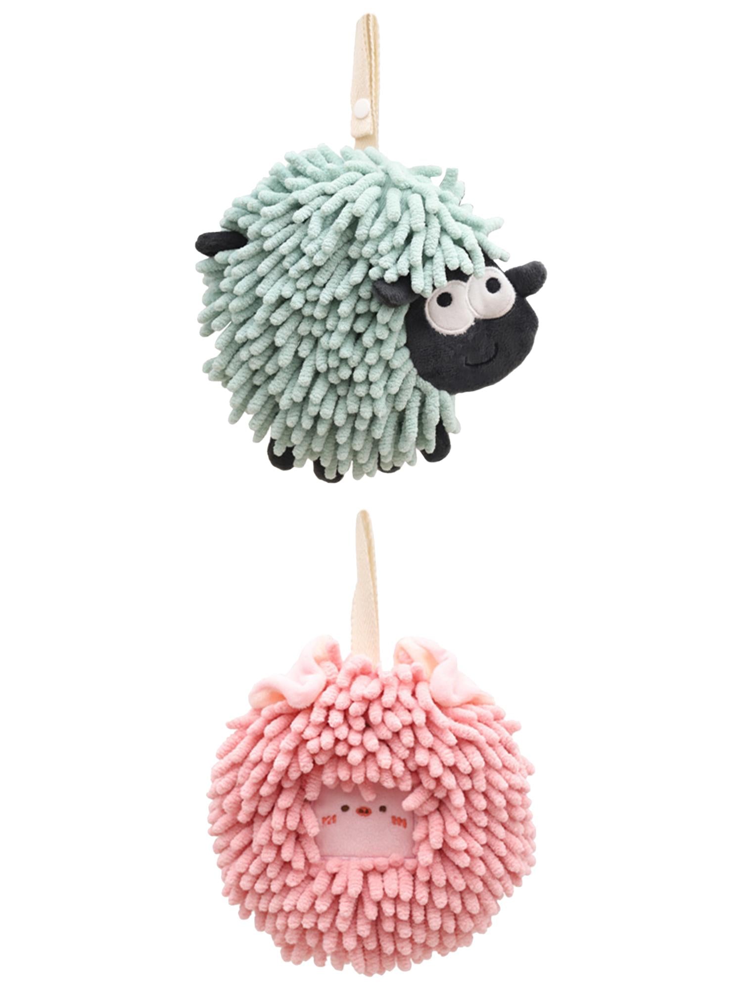 Unique Bargains 2 Packs Cute Chenille Fuzzy Ball Hand Towels 7" x 7" Pink/Green