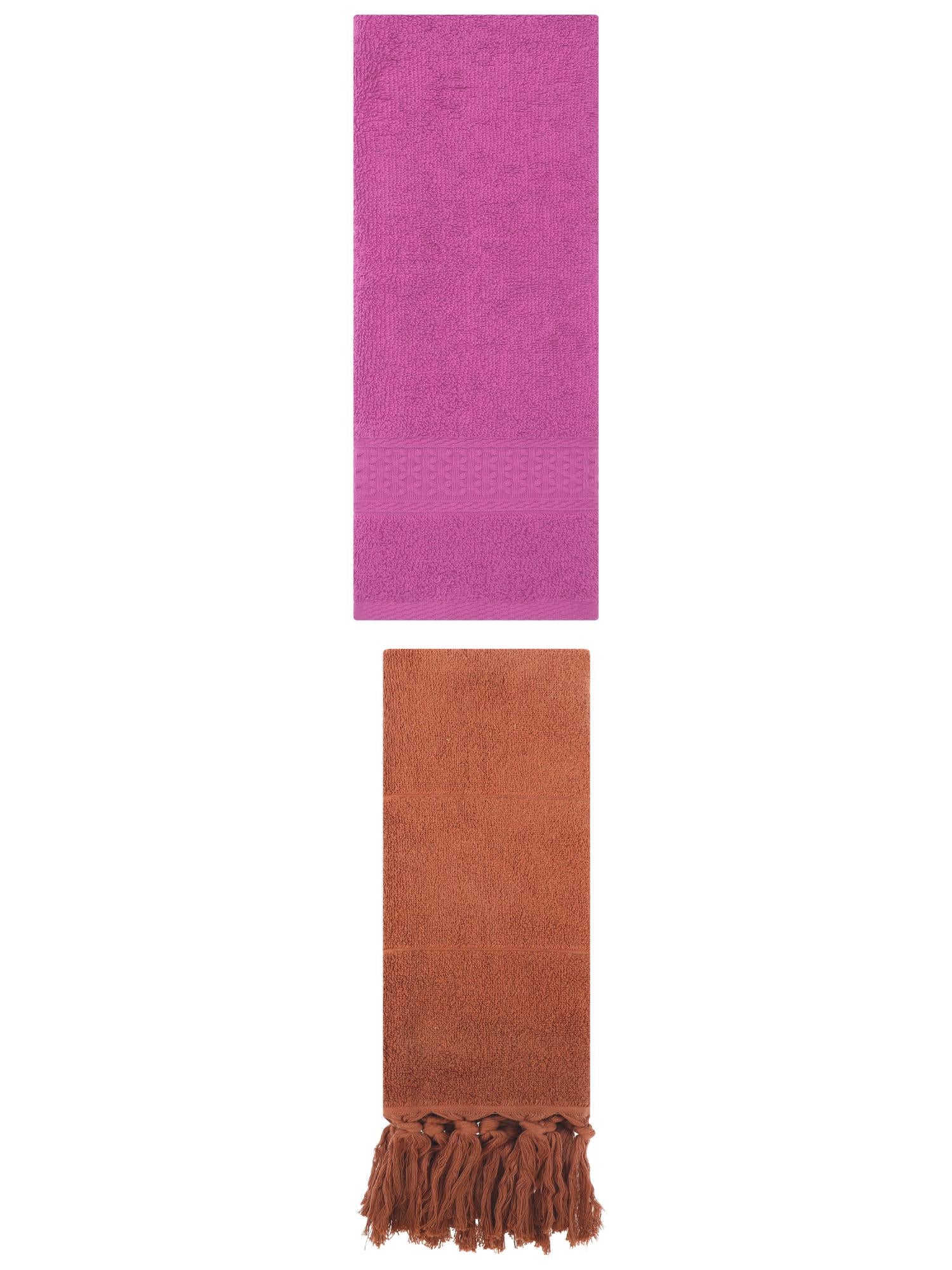 Unique Bargains 2 Packs Textured Tassels Hand Towel Brown/Dark Pink 14" x 30"/13" x 30"