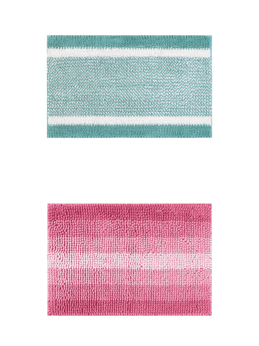 Unique Bargains 2 Pcs Chenille Soft Plush Shaggy Bathroom Rug Green/Pink 20" x 32"