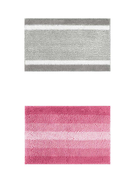Unique Bargains 2 Pcs Chenille Soft Plush Shaggy Bathroom Rug Grey/Pink 20" x 32"