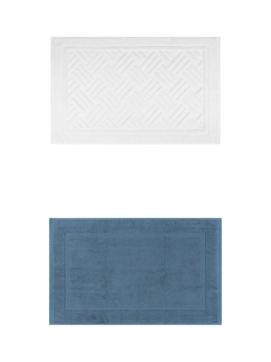 Unique Bargains 2 Pcs Cotton Banded Reversible Soft Bath Rug Dark Blue/Beige 16" x 24"