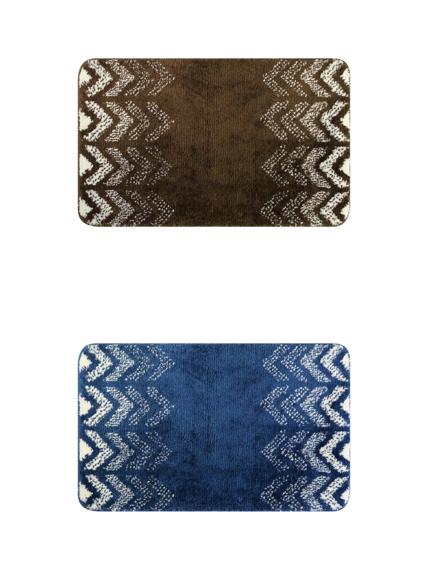 Unique Bargains 2 Pcs Geometric Patterns Bathroom Mats Absorbent Non-Slip Bath Rugs Brown/Blue 20" x 32"