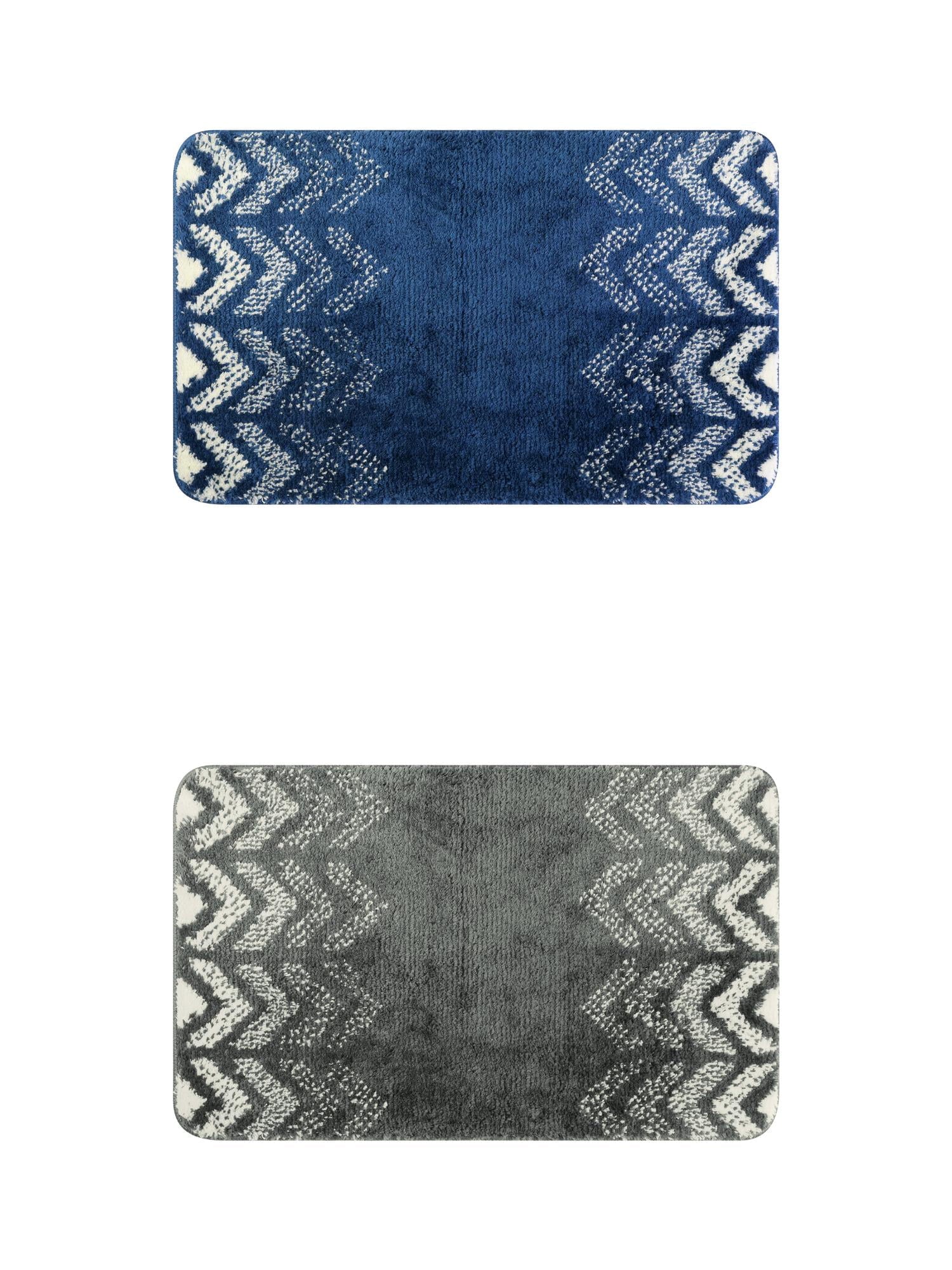 Unique Bargains 2 Pcs Geometric Patterns Bathroom Mats Absorbent Non-Slip Bath Rugs Dark Grey/Blue 16" x 24"