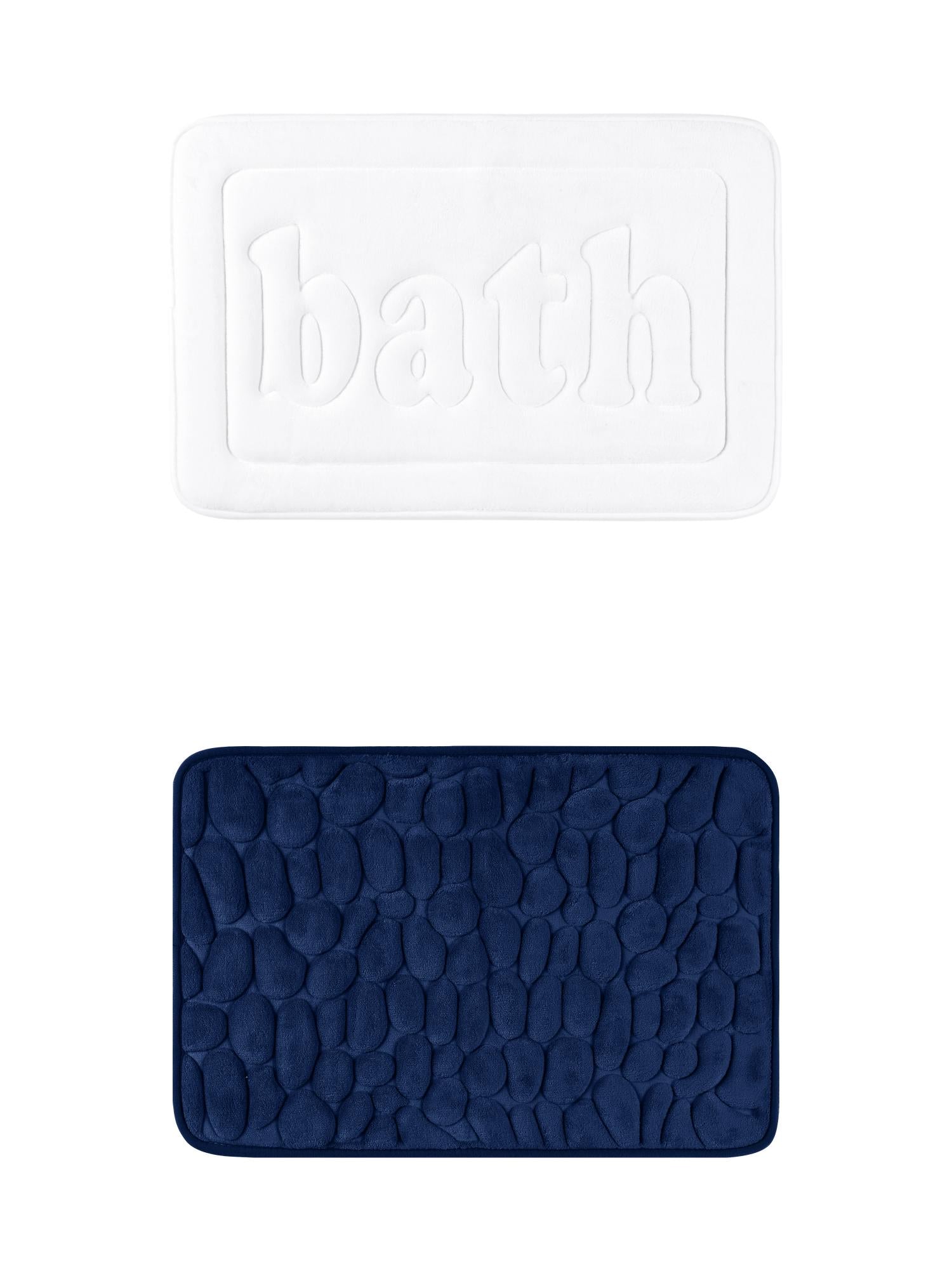 Unique Bargains 2 Pcs Memory Foam Absorbent Bathroom Rugs White/Navy Blue 16" x 24"