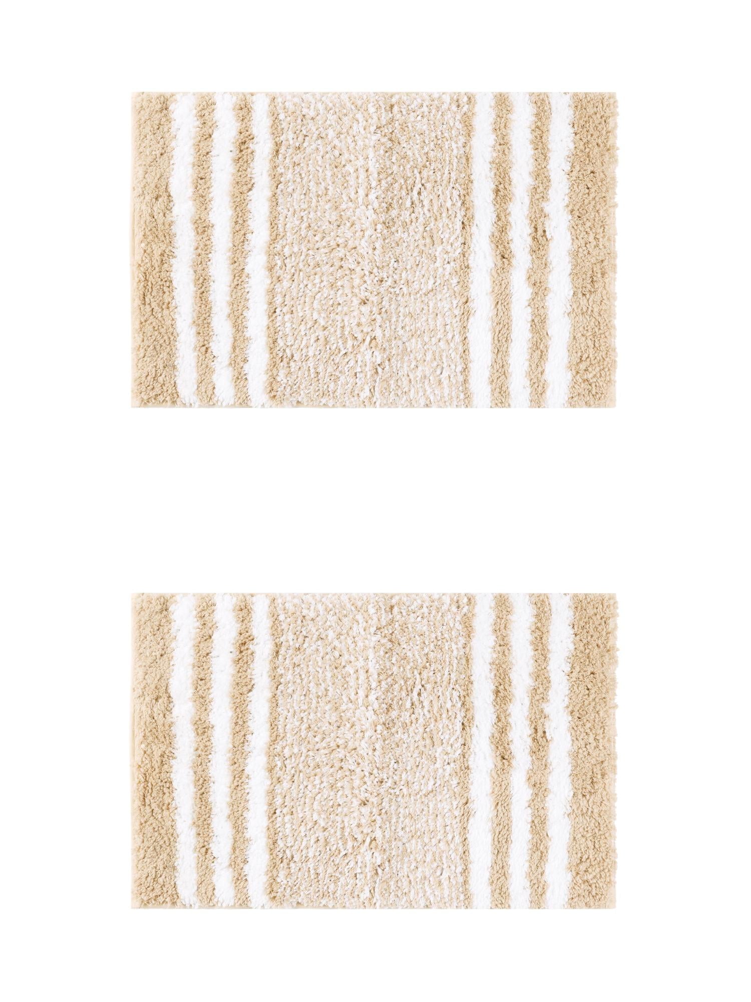 Unique Bargains 2 Pcs Microfiber Fluffy Striped Bath Rugs Non-Slip Absorbent Floor Mat Beige 20" x 32"/16" x 24"