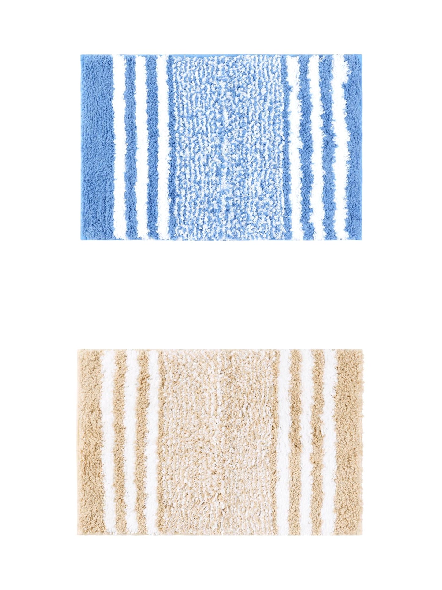 Unique Bargains 2 Pcs Microfiber Fluffy Striped Bath Rugs Non-Slip Absorbent Floor Mat Beige/Blue 20" x 32"