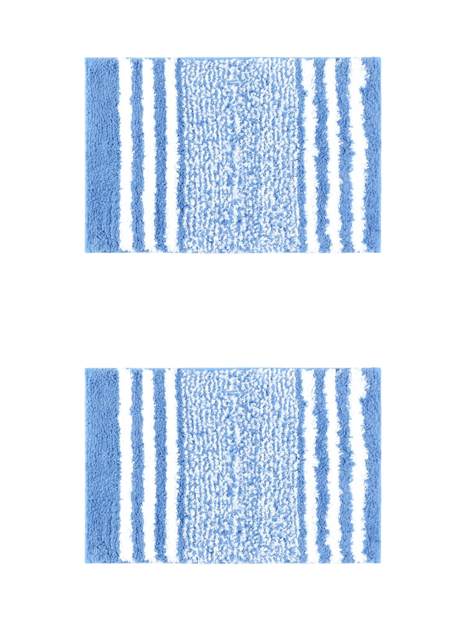 Unique Bargains 2 Pcs Microfiber Fluffy Striped Bath Rugs Non-Slip Absorbent Floor Mat Blue 16" x 24"