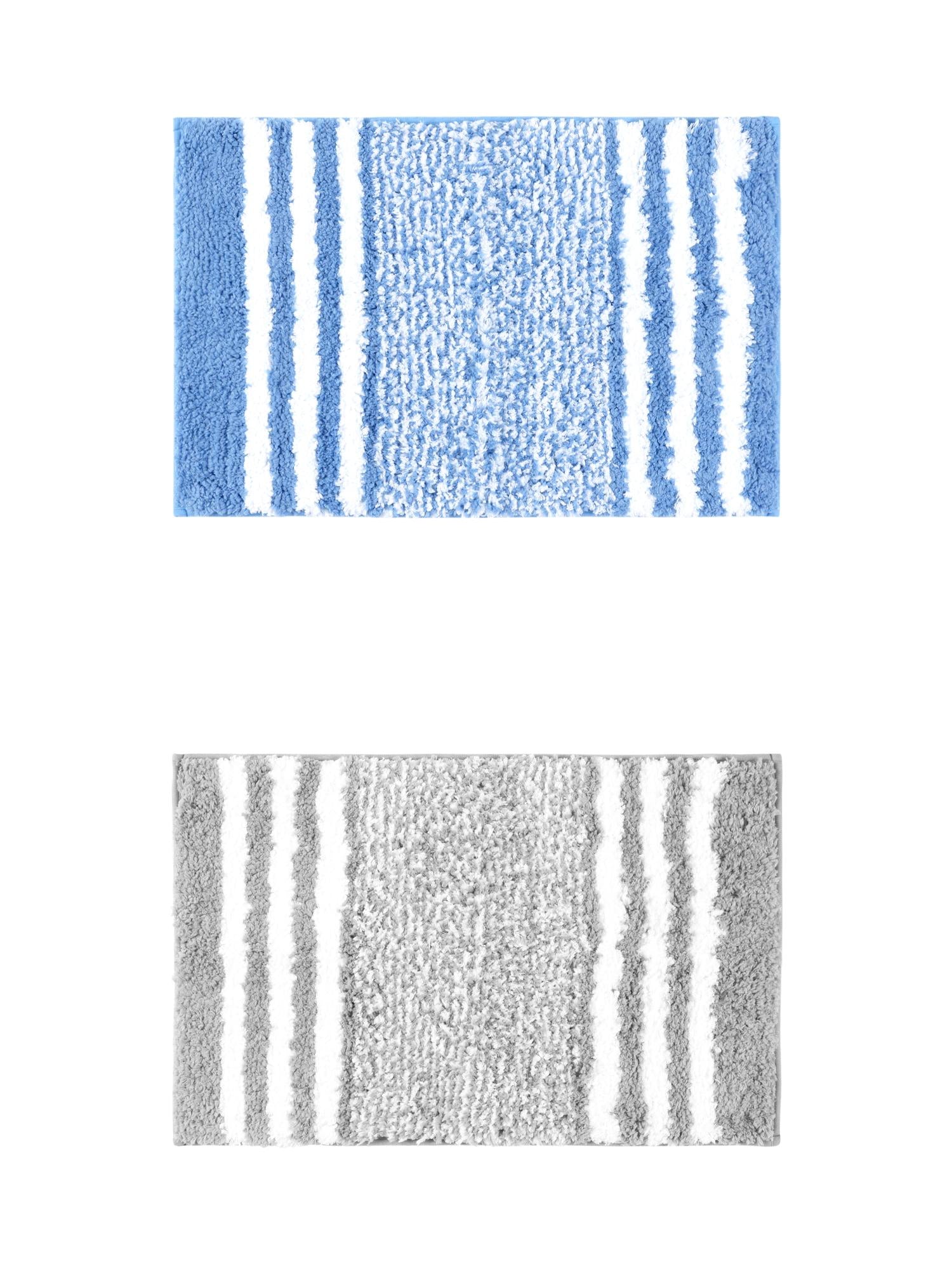 Unique Bargains 2 Pcs Microfiber Fluffy Striped Bath Rugs Non-Slip Absorbent Floor Mat Grey/Blue 20" x 32"
