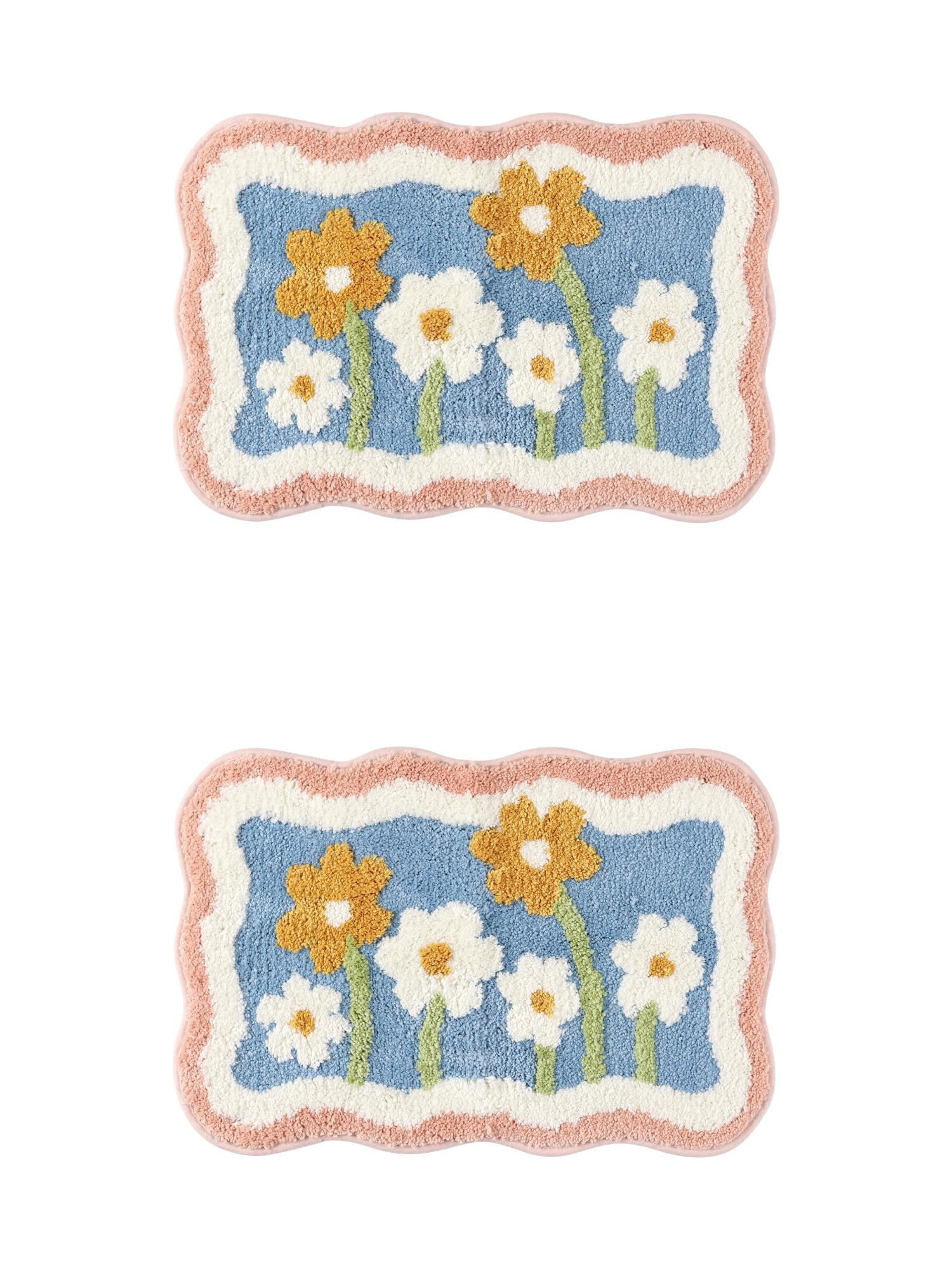 Unique Bargains 2 Pcs Non-Slip Quick Dry Bath Rugs Flower-2 20" x 32"/16" x 24"