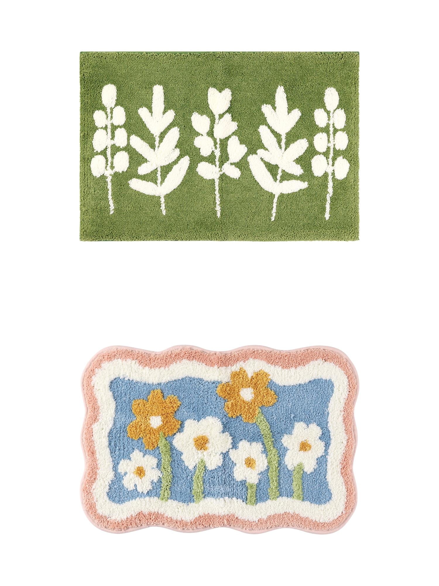 Unique Bargains 2 Pcs Non-Slip Quick Dry Bath Rugs Flower-2/Leaves-2 20" x 32"
