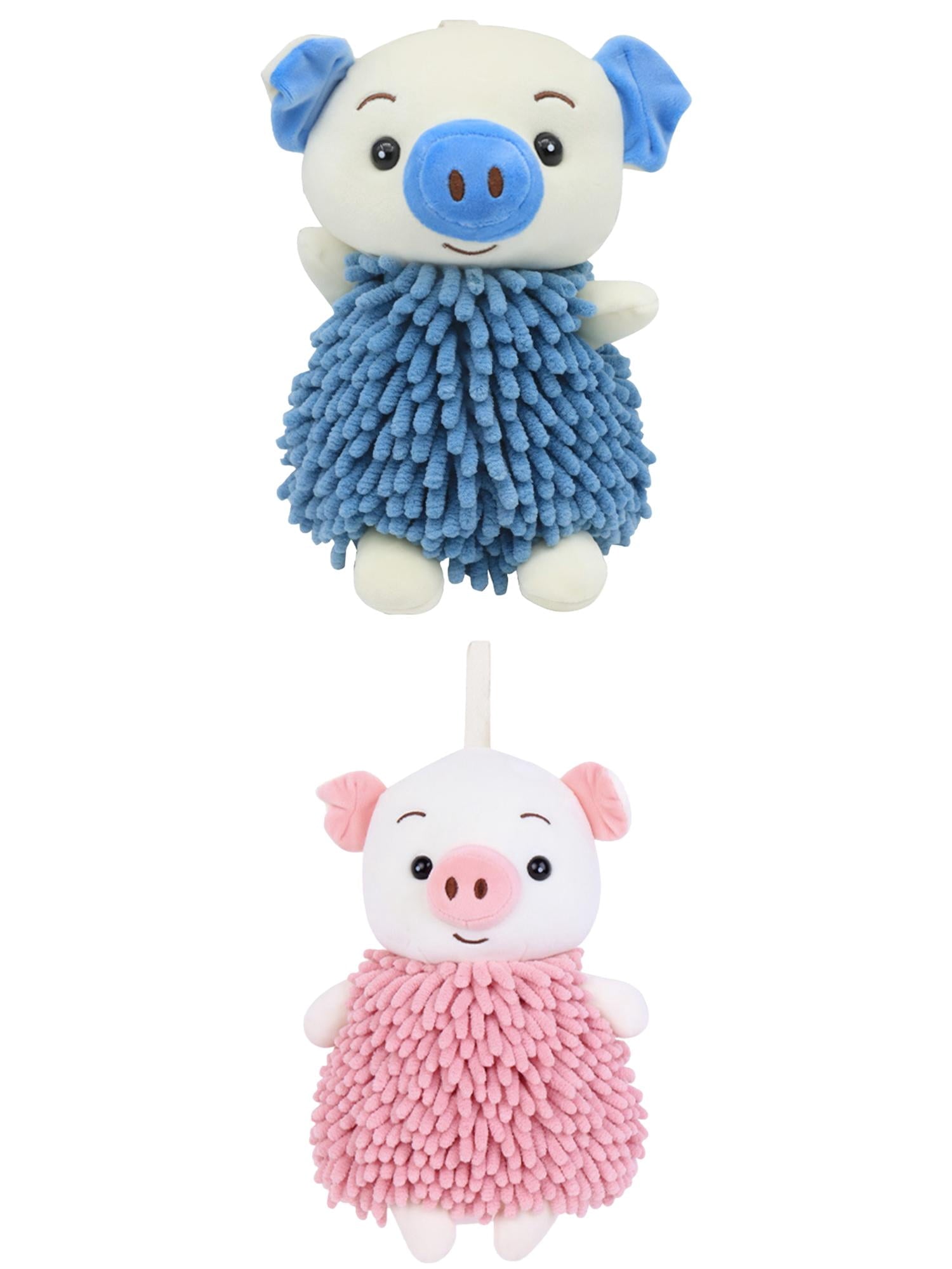 Unique Bargains 2 Pcs Piggy Chenille Hand Towels 7" x 11" Blue/Pink