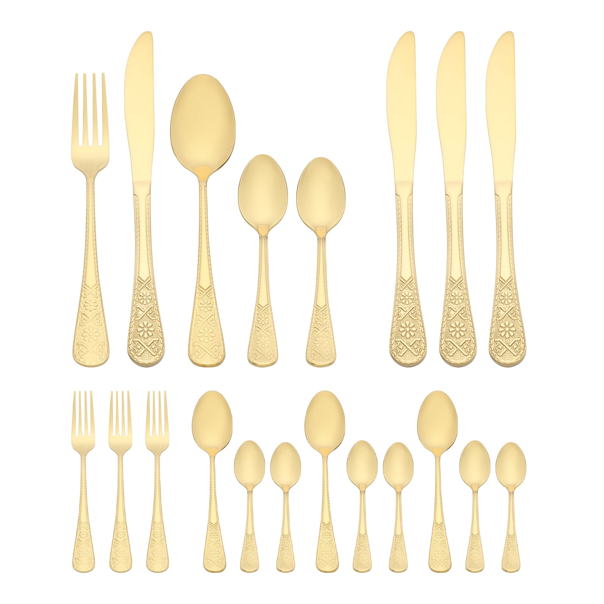 Unique Bargains 20 Piece Stainless Steel Floral Dinner Flatware Set Gold 20