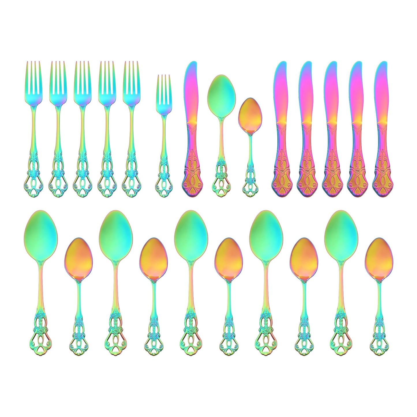 Unique Bargains 24 Pcs Silverware Set Stainless Steel Floral Flatware Set Colorful