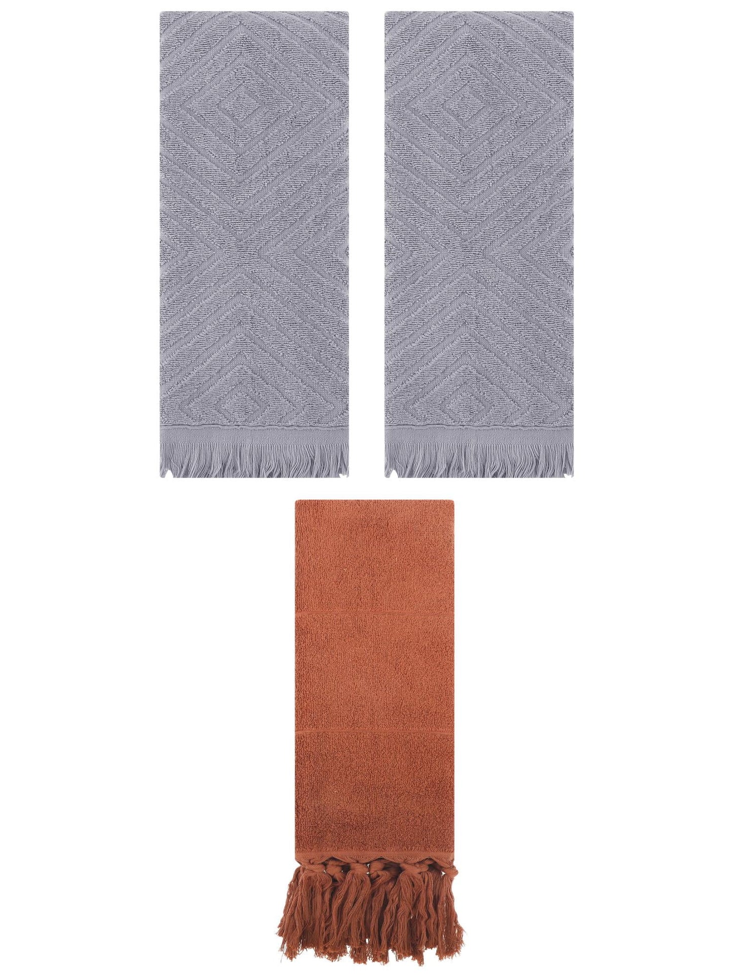 Unique Bargains 3 Pack Absorbent Hand Towels with tassel Brown/Grey 14"x30"/13"x29"