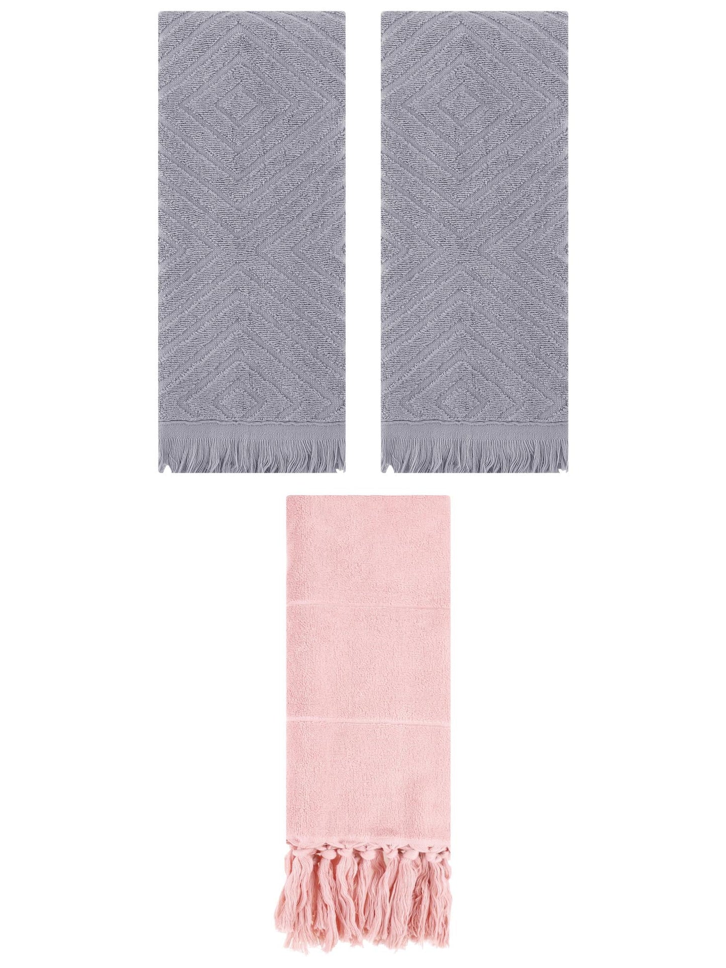 Unique Bargains 3 Pack Absorbent Hand Towels with tassel Pink/Grey 14"x30"/13"x29"