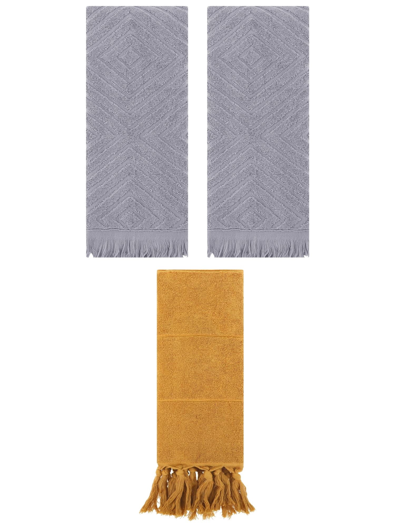 Unique Bargains 3 Pack Absorbent Hand Towels with tassel Yellow/Grey 14"x30"/13"x29"