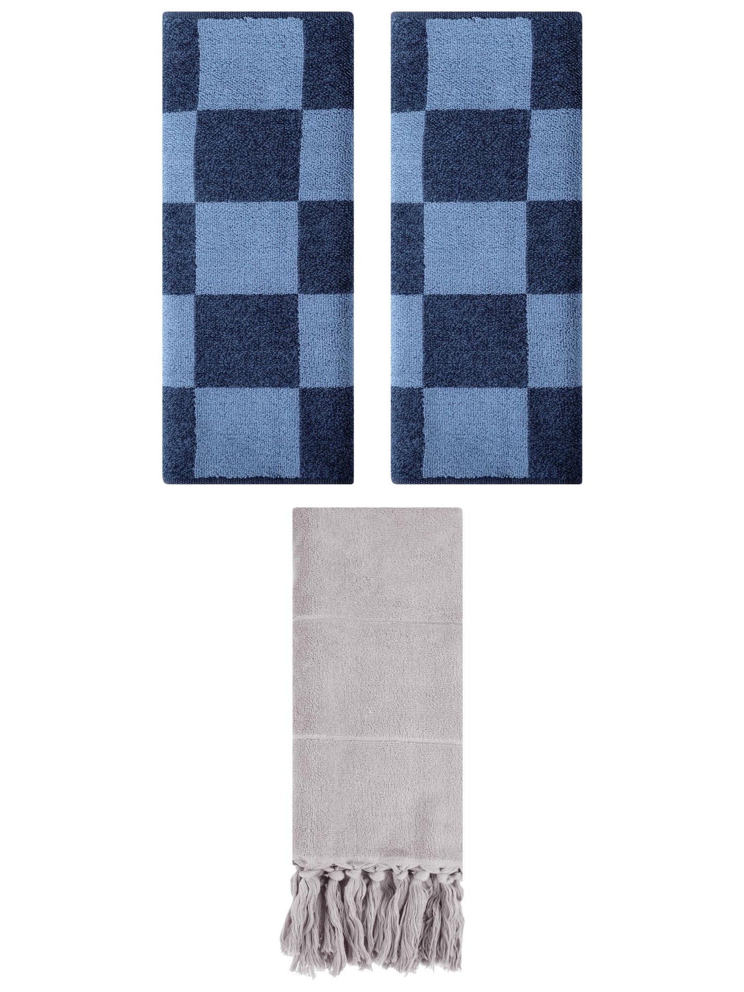 Unique Bargains 3 Pack Checkered Tassels Hand Towel Grey/Dark Blue 14"x30"/14"x28"