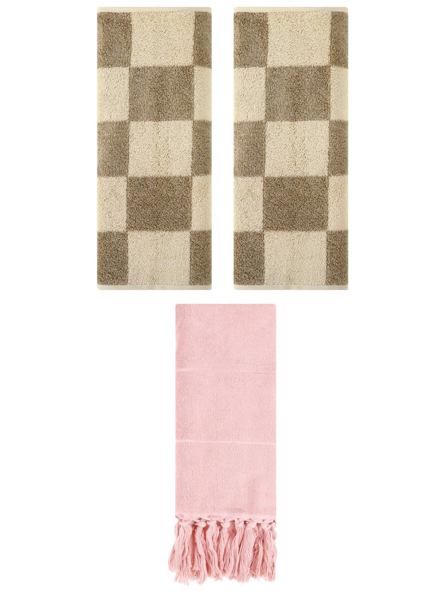 Unique Bargains 3 Pack Checkered Tassels Hand Towel Pink/Brown 14"x30"/14"x28"