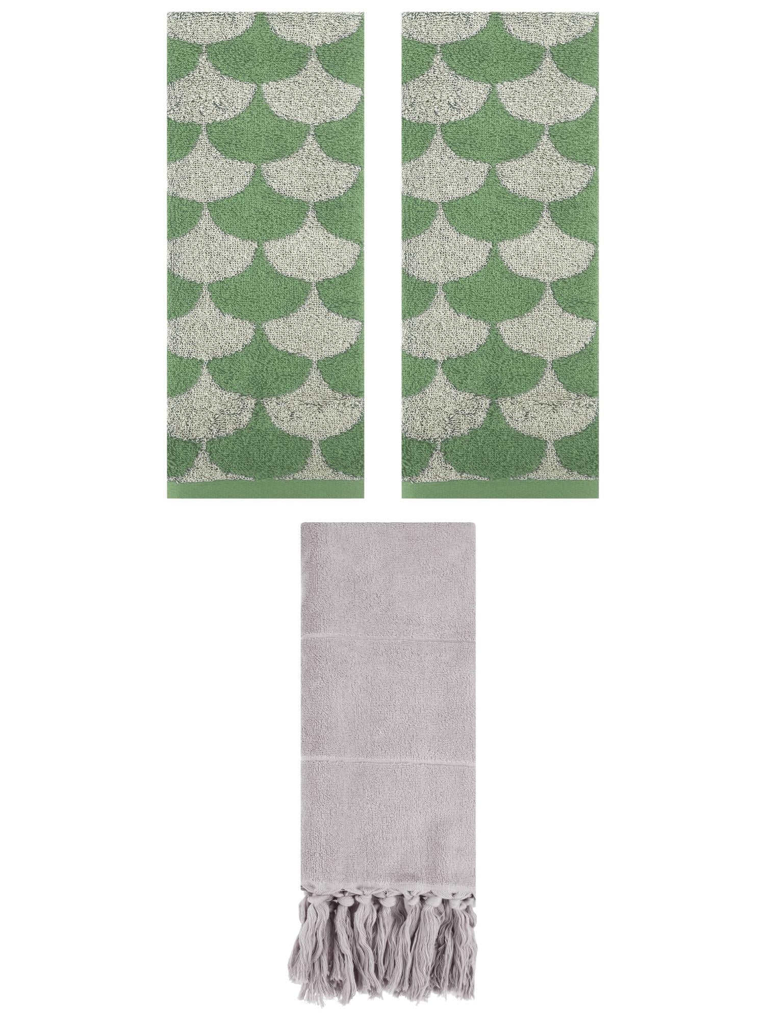 Unique Bargains 3 Pack Cotton Geometric Solid Hand Towel Grey/Green 14"x30"/13"x29"