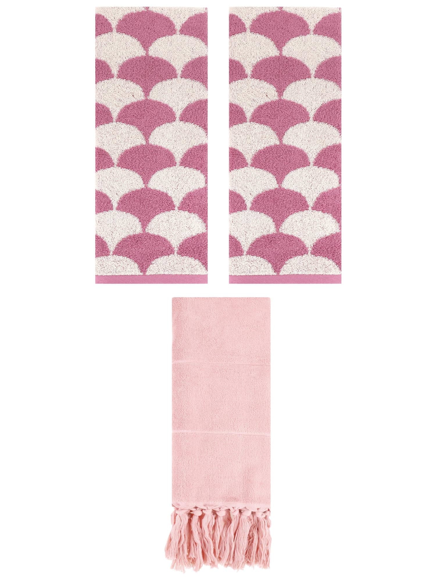 Unique Bargains 3 Pack Cotton Geometric Solid Hand Towel Pink 14"x30"/13"x29"