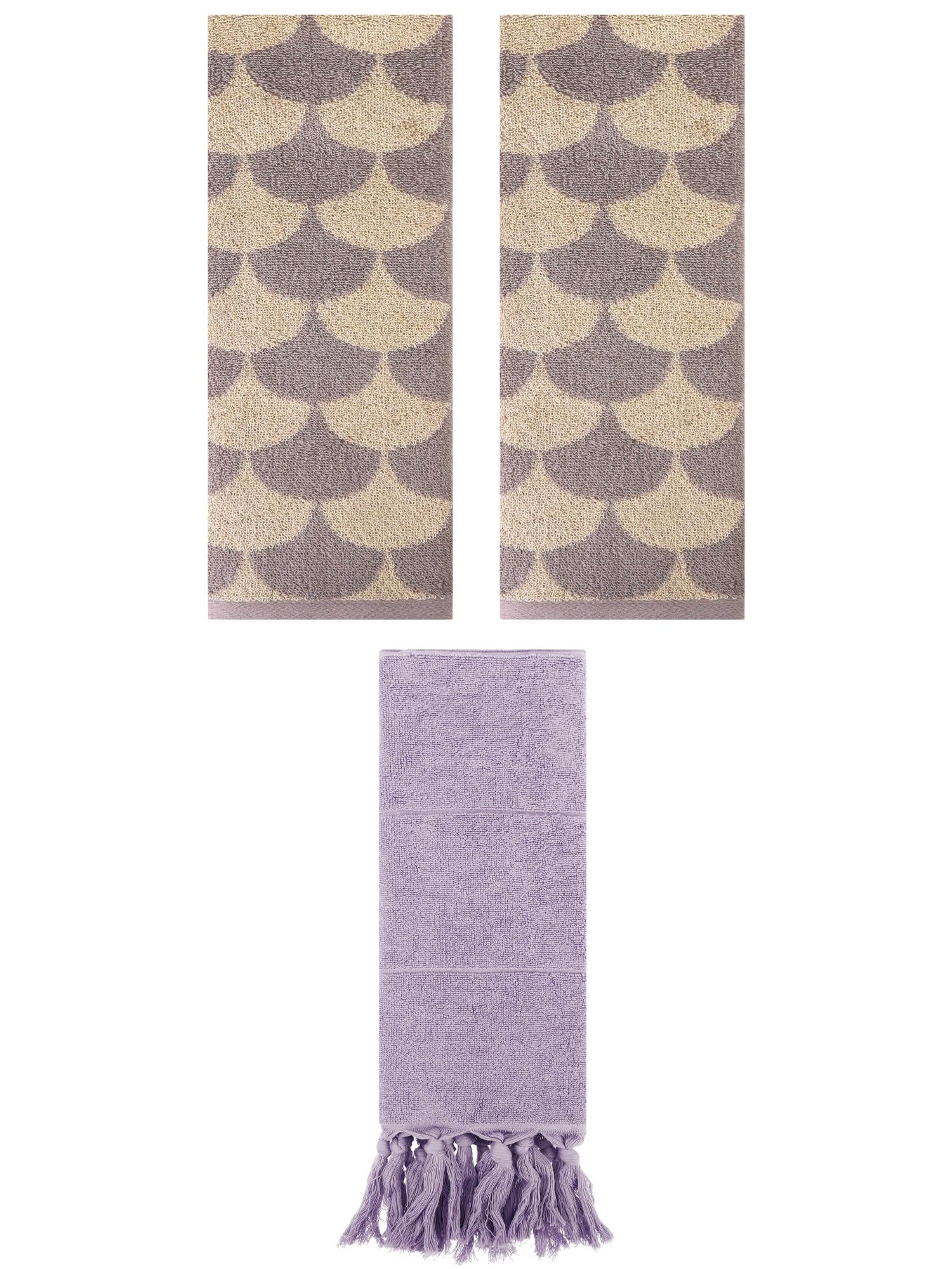 Unique Bargains 3 Pack Cotton Geometric Solid Hand Towel Purple/Brown 14"x30"/13"x29"