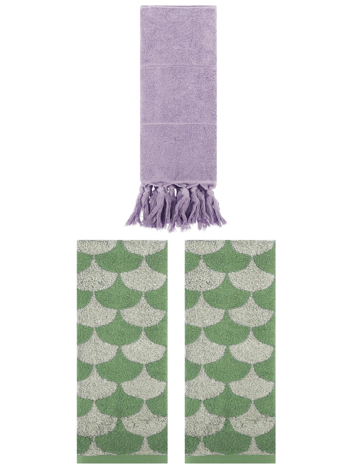Unique Bargains 3 Pack Cotton Geometric Solid Hand Towel Purple/Green 14"x30"/13"x29"