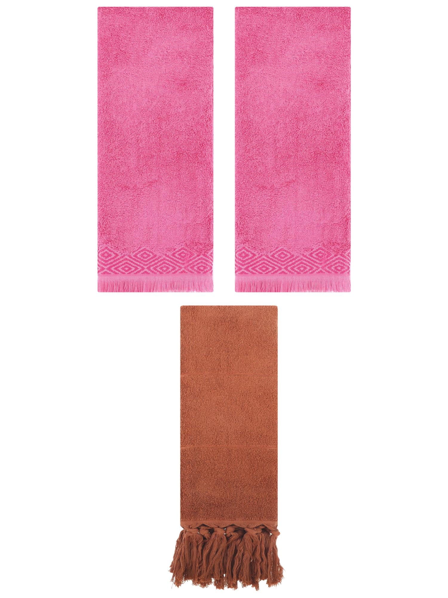 Unique Bargains 3 Pack Cotton Turkish Hand Towels Brown/Pink 14"x30"/13"x29"