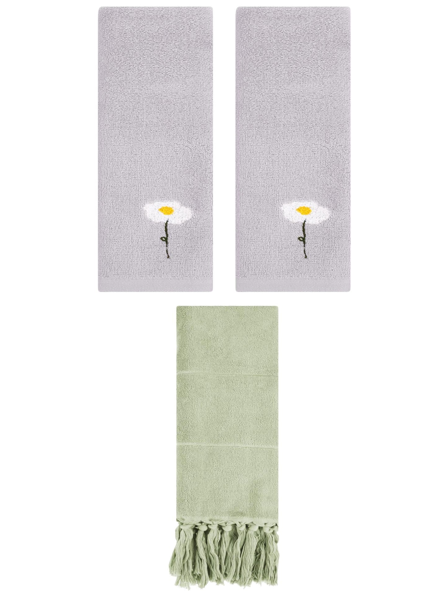 Unique Bargains 3 Pack Floral Solid Hand Towels Green/Grey 14"x30"/13"x30"
