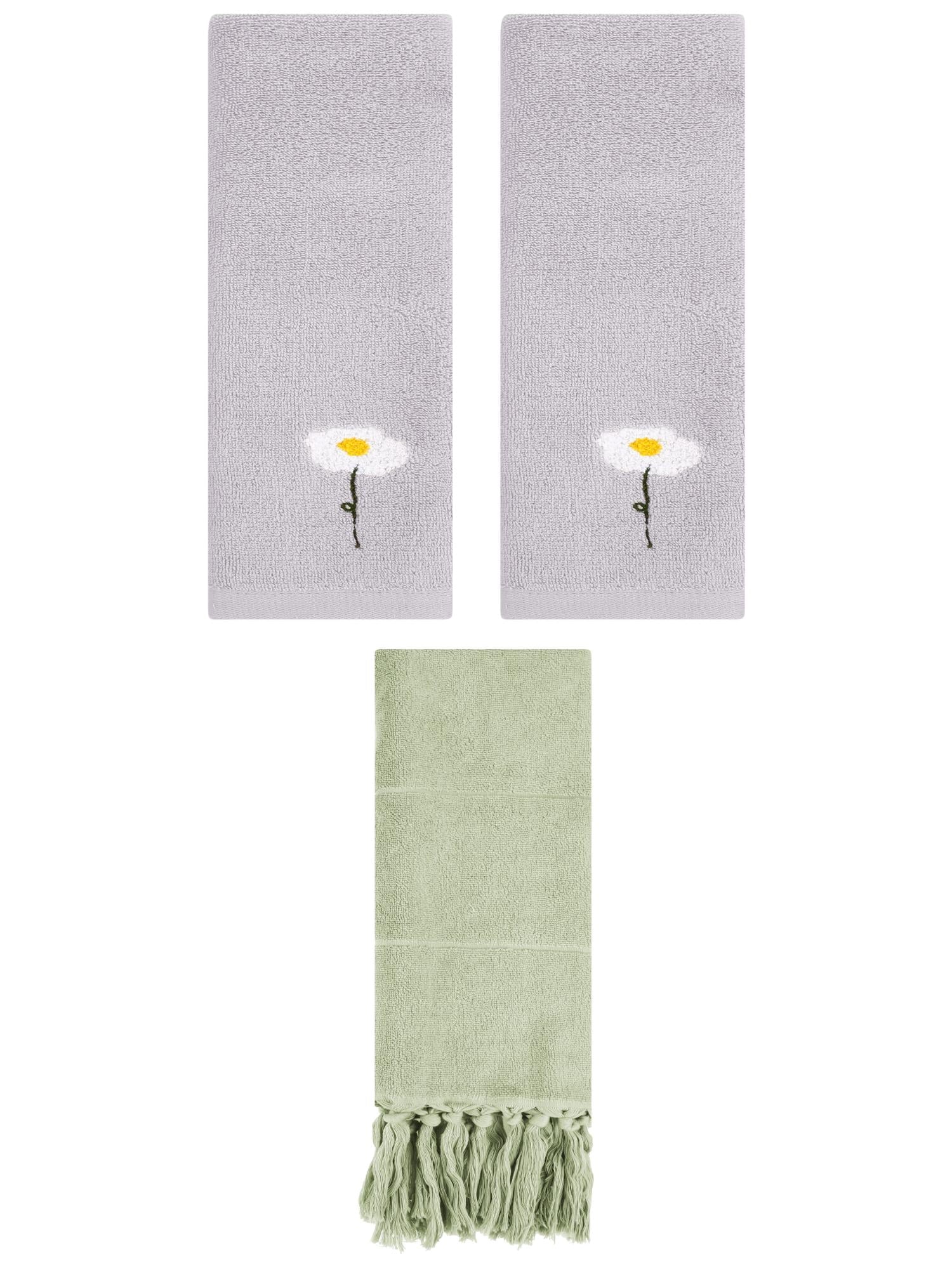 Unique Bargains 3 Pack Floral Solid Hand Towels Green/Grey 14"x30"/13"x30"