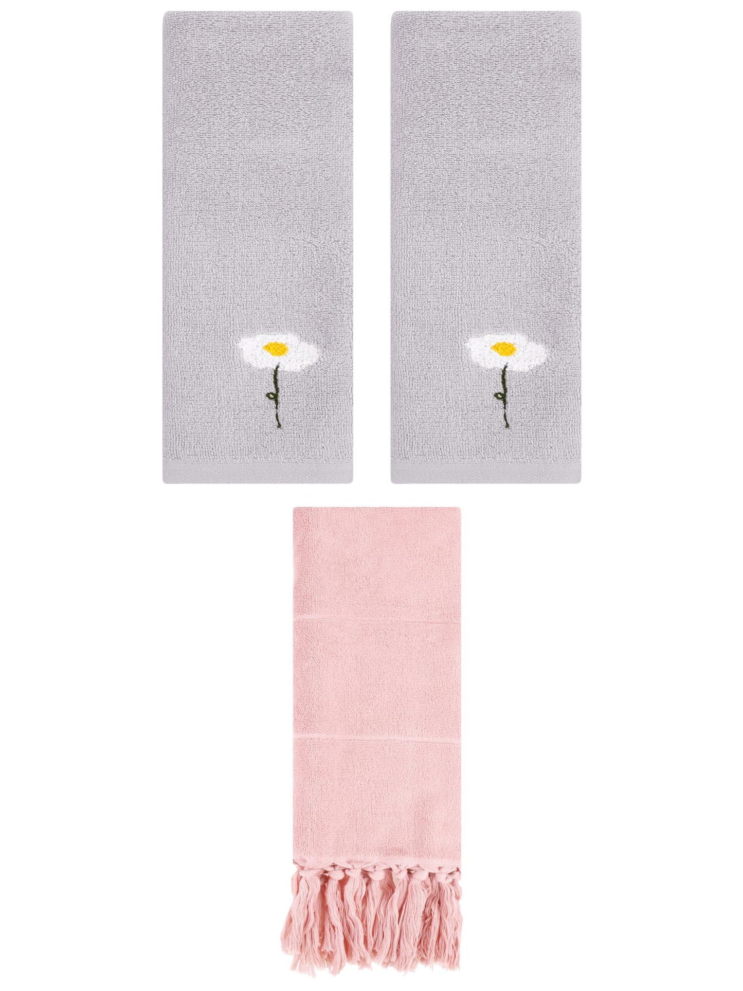 Unique Bargains 3 Pack Floral Solid Hand Towels Pink/Grey 14"x30"/13"x30"