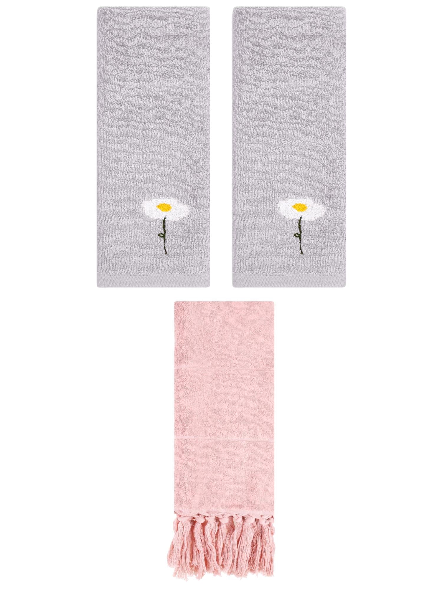 Unique Bargains 3 Pack Floral Solid Hand Towels Pink/Grey 14"x30"/13"x30"