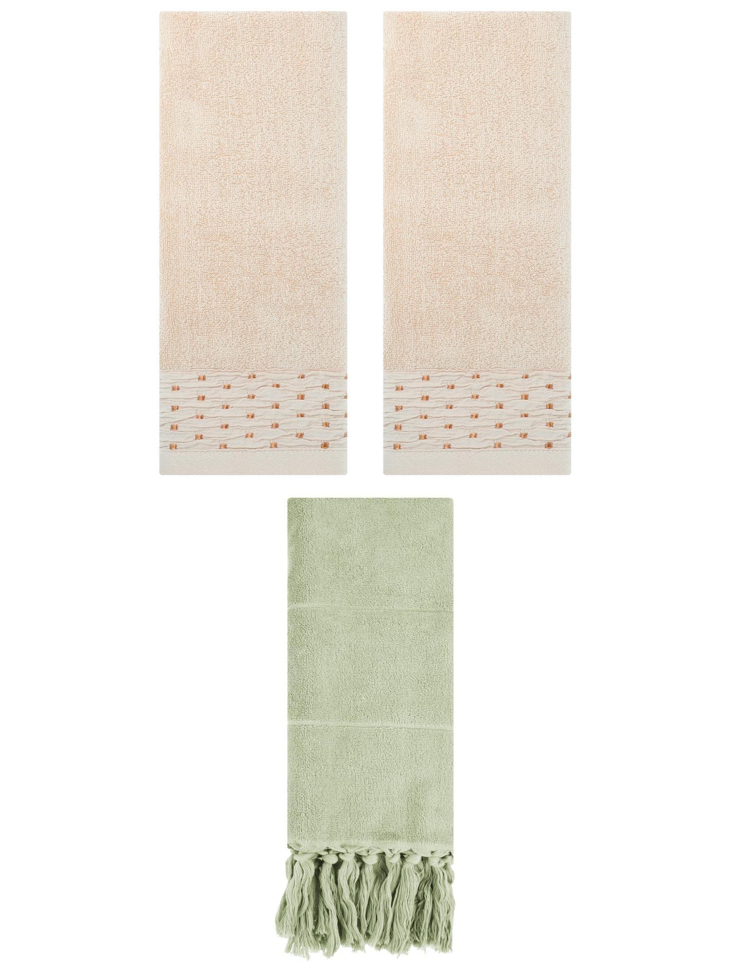Unique Bargains 3 Pack Solid Cotton Bathroom Hand Towel 14" x 30" Green/Light Brown