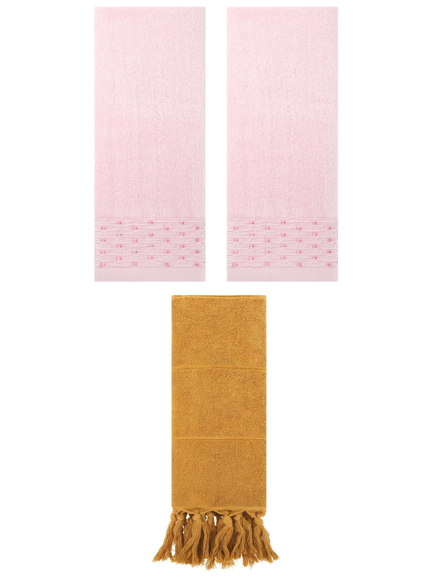 Unique Bargains 3 Pack Solid Cotton Bathroom Hand Towel 14" x 30" Yellow/Pink