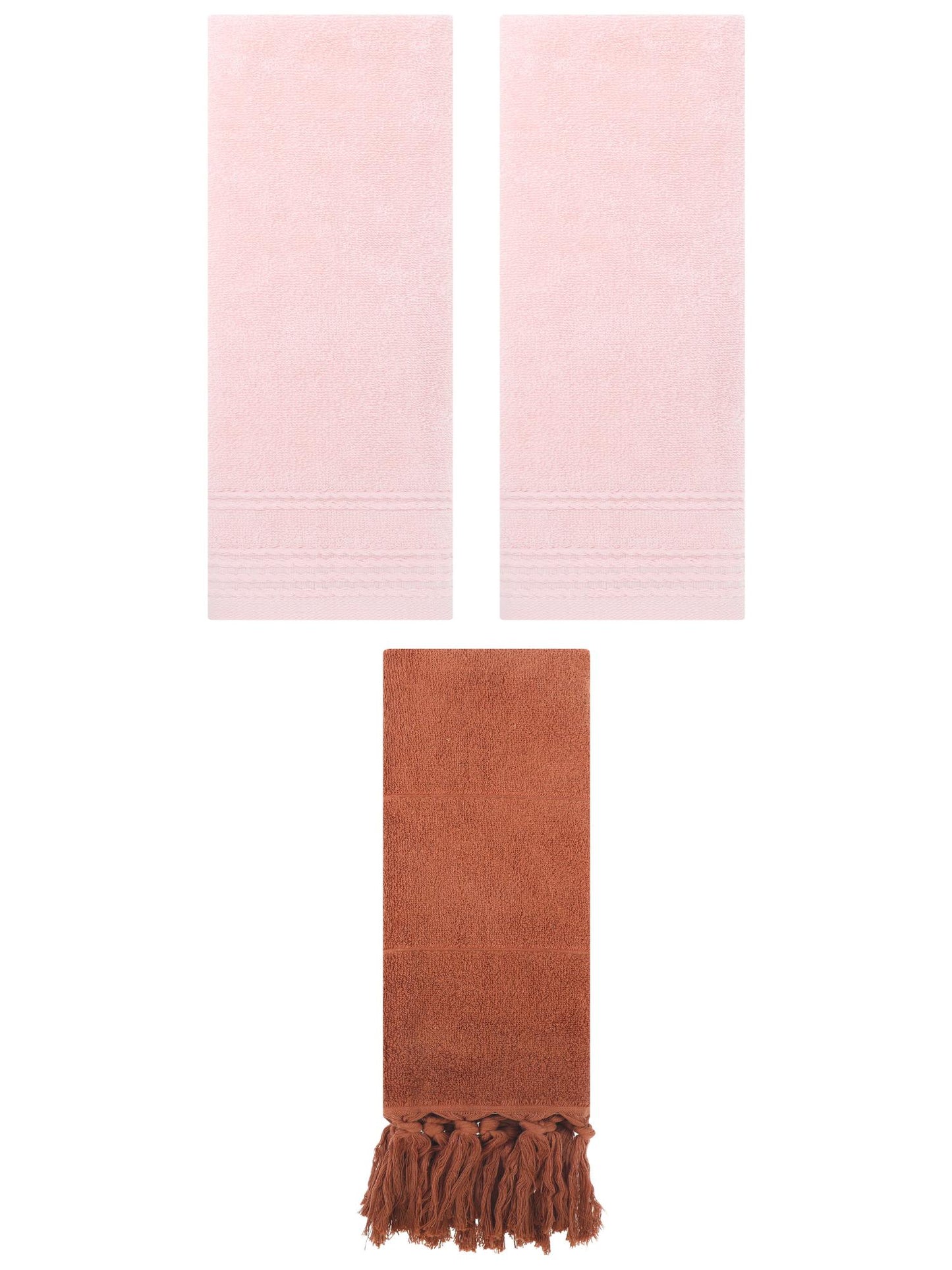 Unique Bargains 3 Pack Solid Tassels Bathroom Hand Towels 14" x 30" Brown/Pink