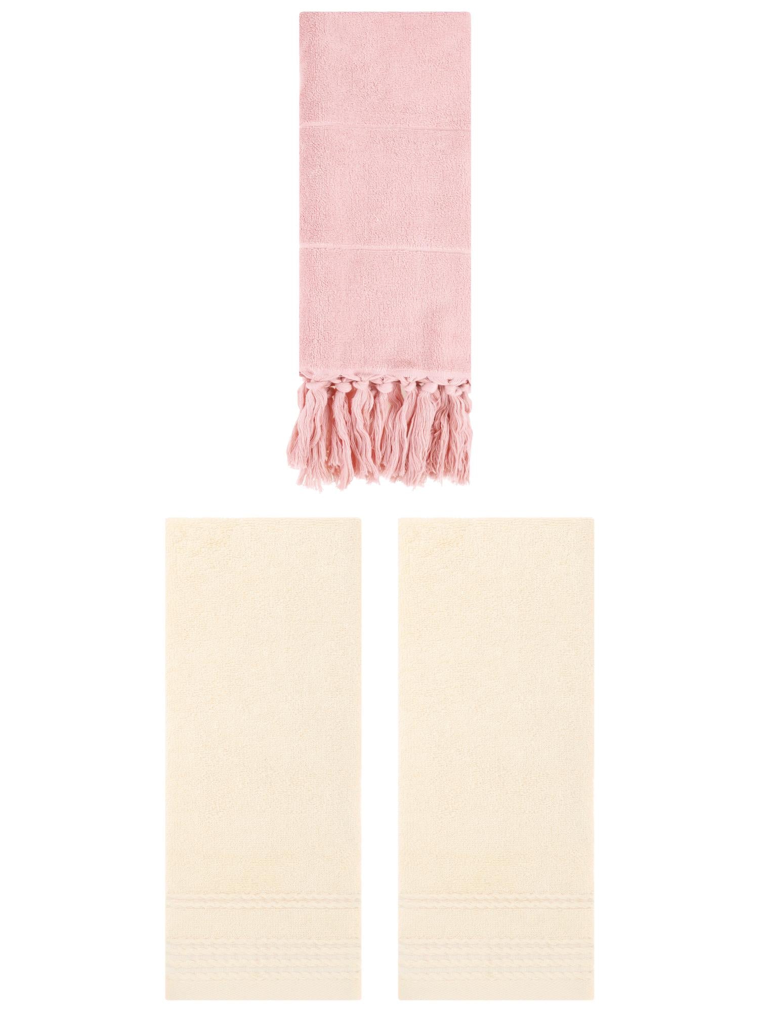 Unique Bargains 3 Pack Solid Tassels Bathroom Hand Towels 14" x 30" Pink/Beige