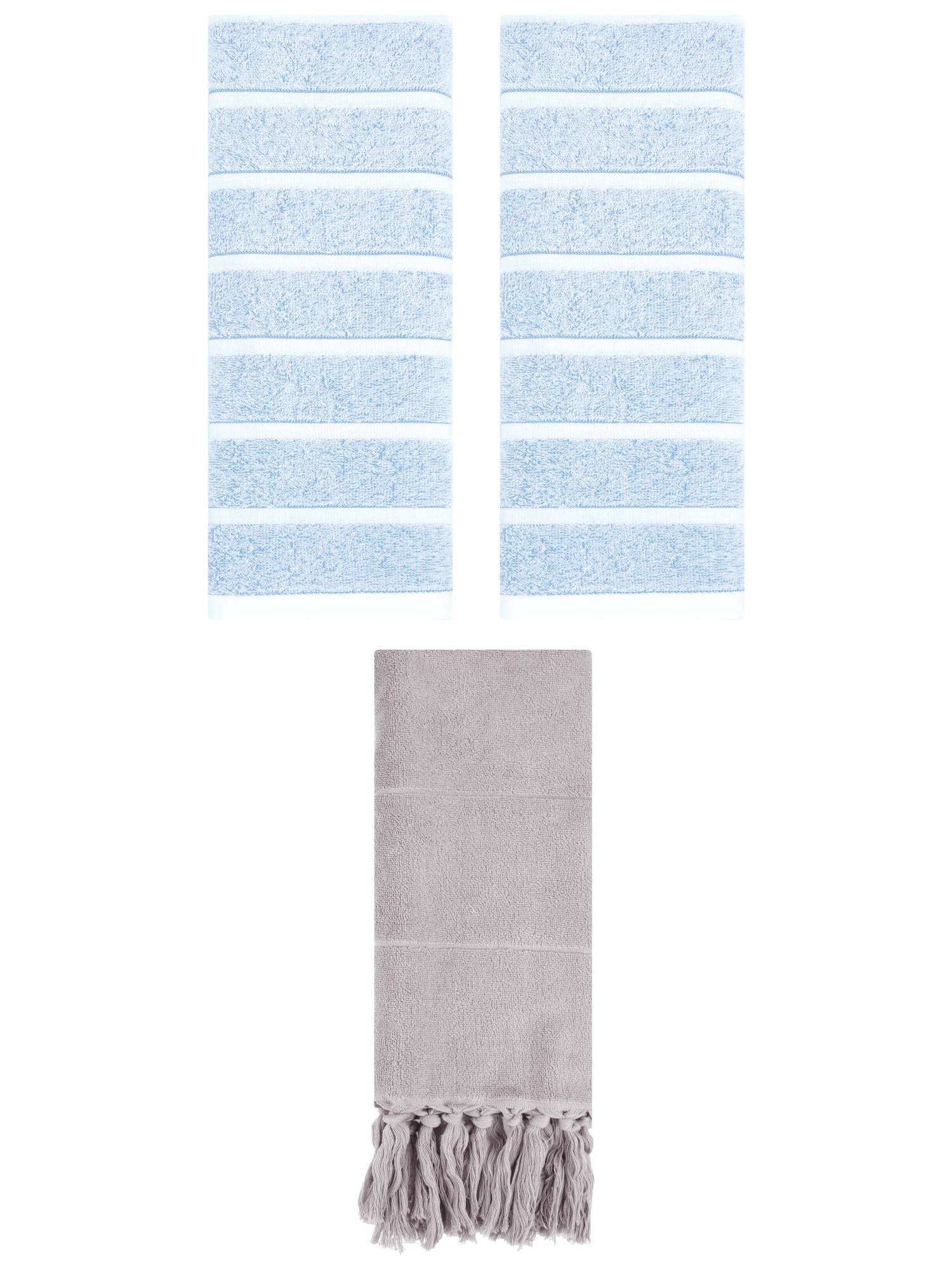 Unique Bargains 3 Pack Striped Solid Hand Towel Grey/Blue 14"x30"/13"x29"