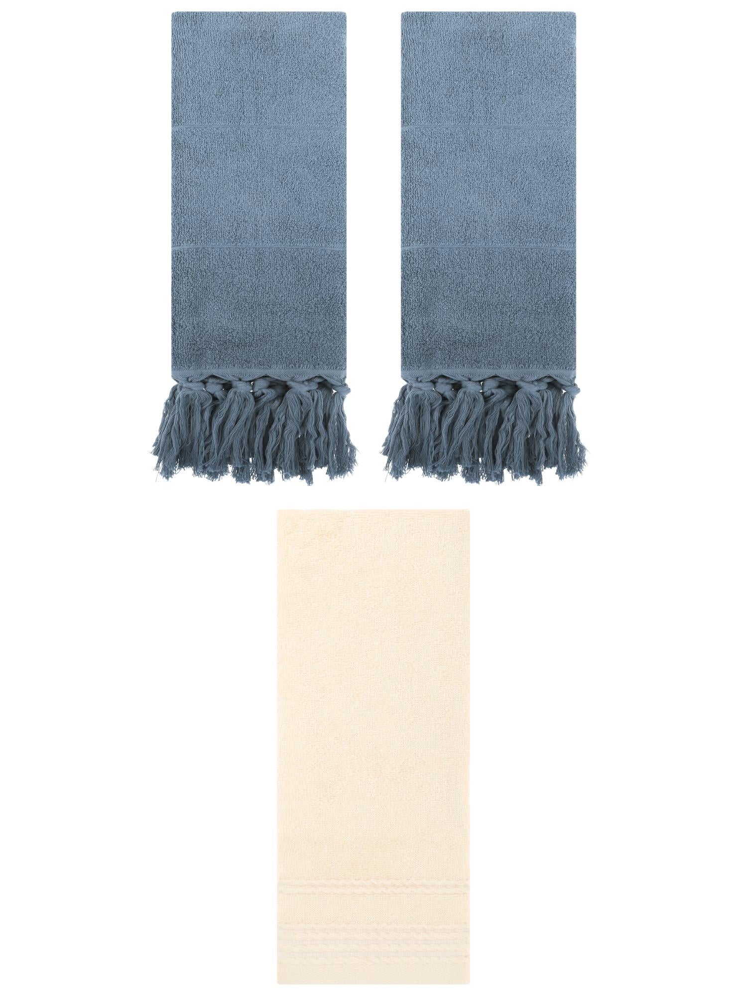 Unique Bargains 3 Pack Striped Tassels Hand Towels for Bathroom 14" x 30" Blue/Beige