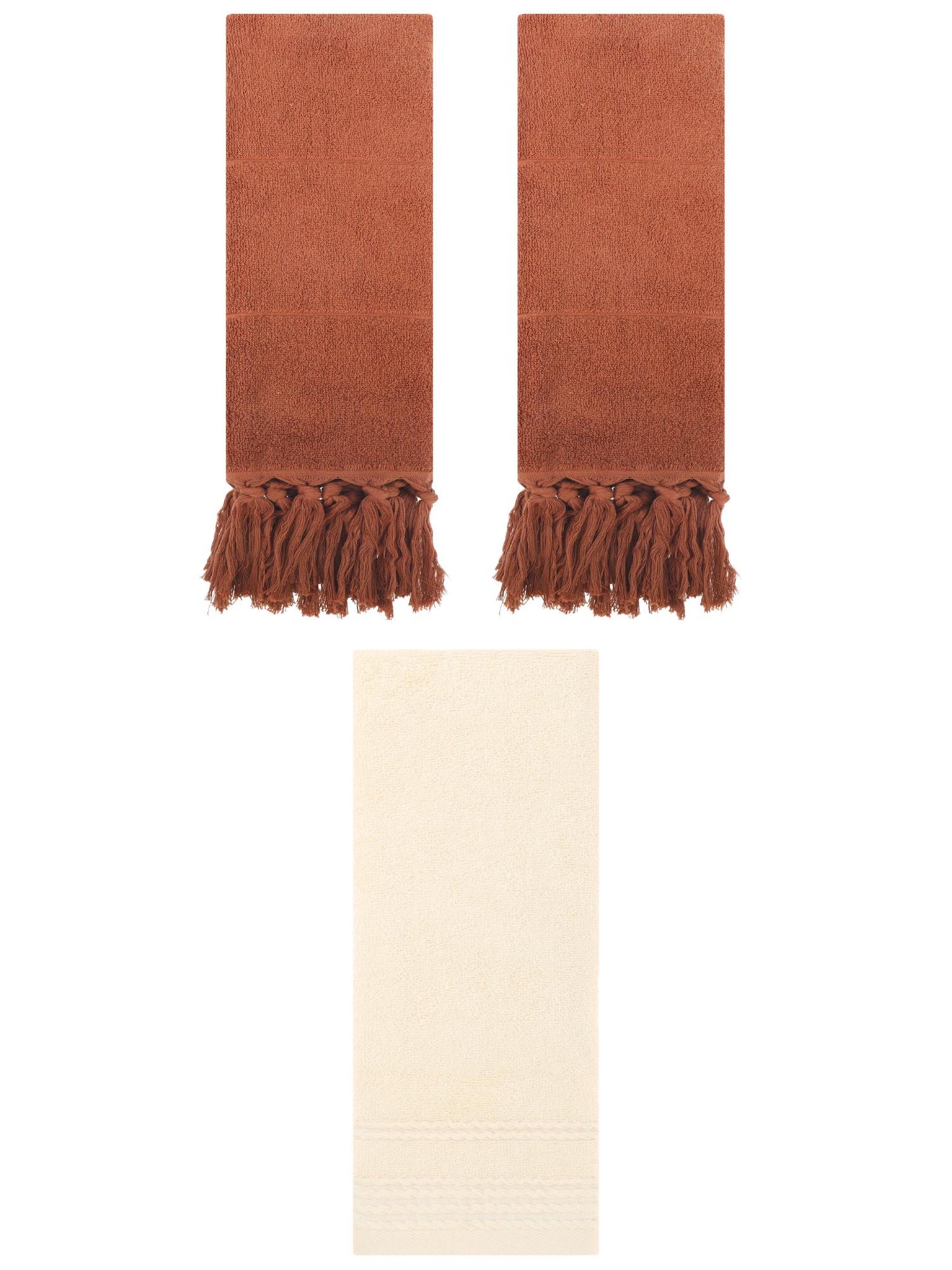Unique Bargains 3 Pack Striped Tassels Hand Towels for Bathroom 14" x 30" Brown/Beige