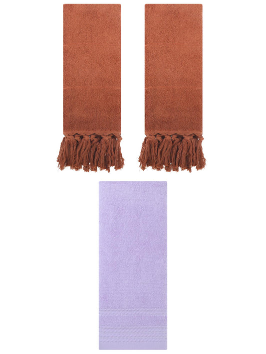 Unique Bargains 3 Pack Striped Tassels Hand Towels for Bathroom 14" x 30" Brown/Purple